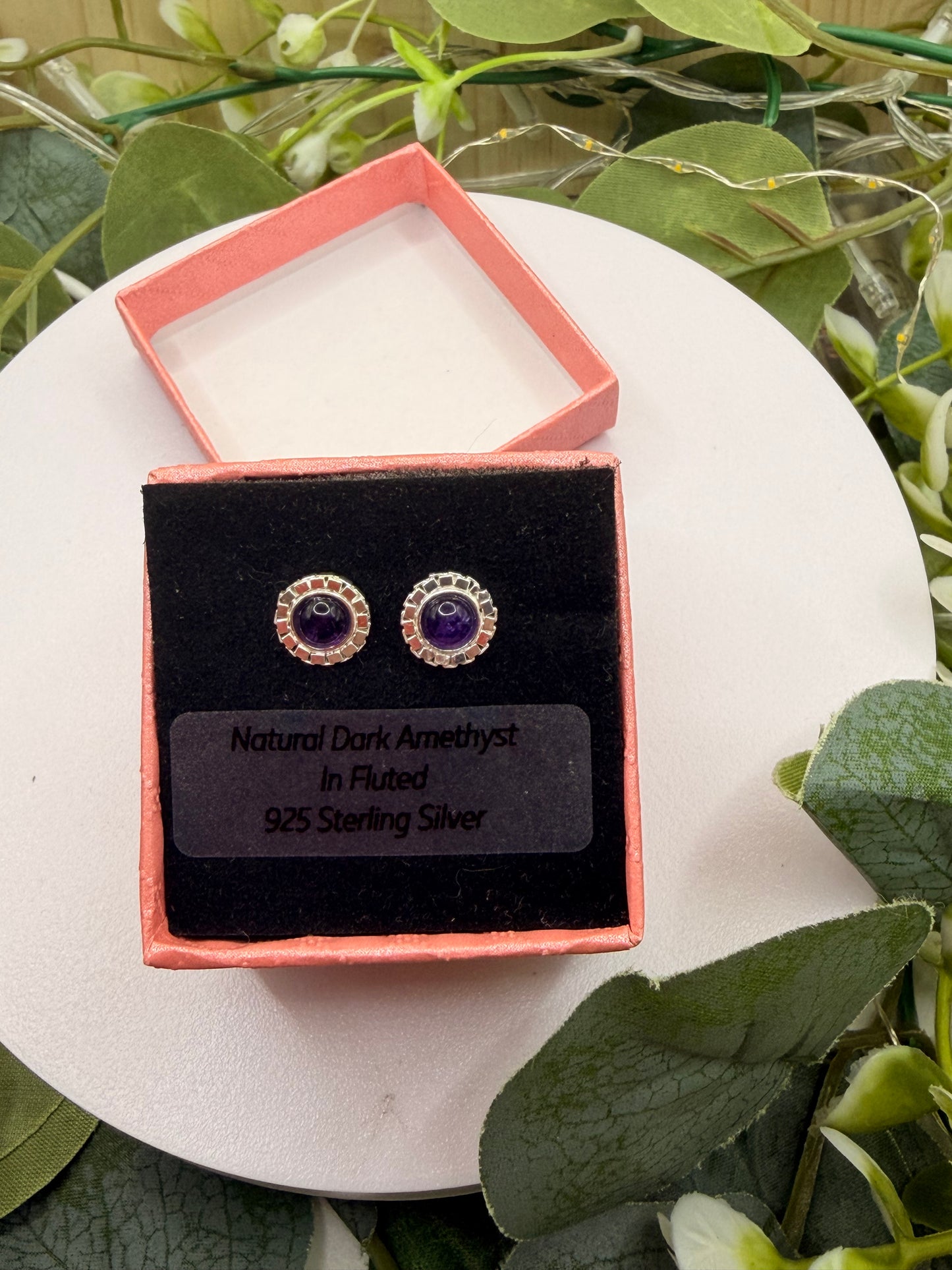 Natural Dark Amethyst Stud Earrings | Fluted 925 Sterling Silver Earrings | Genuine Amethyst Gemstone Jewellery
