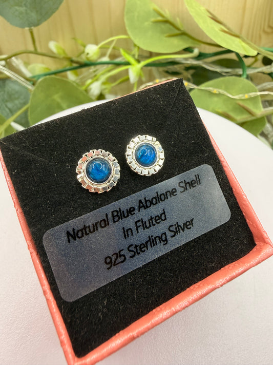 Natural Blue Abalone Shell Stud Earrings | Fluted 925 Sterling Silver Earrings | Genuine Abalone Jewellery