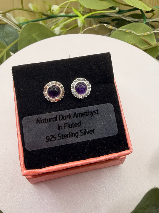 Natural Dark Amethyst Stud Earrings | Fluted 925 Sterling Silver Earrings | Genuine Amethyst Gemstone Jewellery