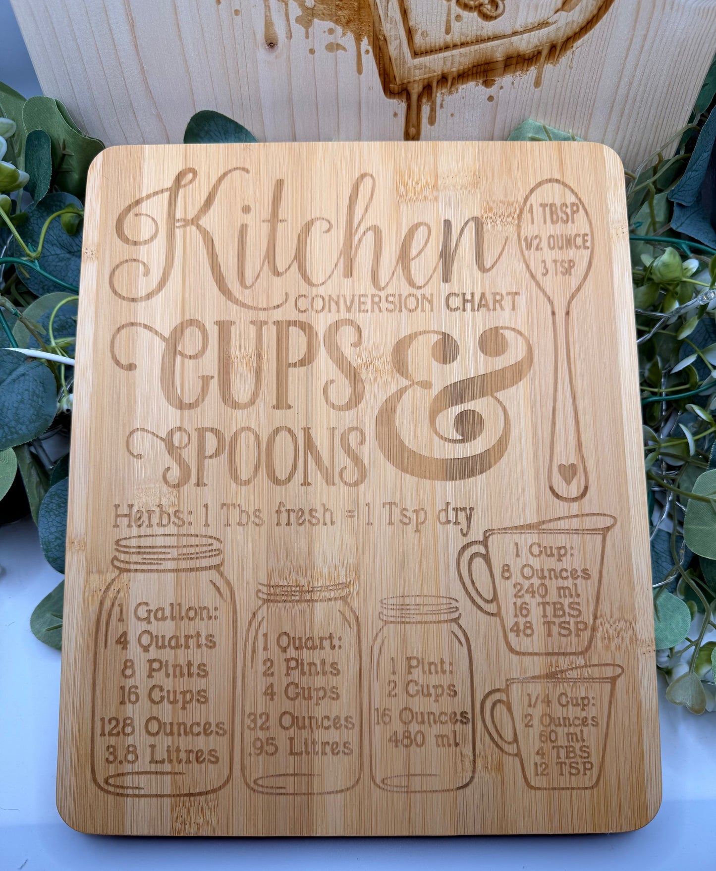 Kitchen Conversion Chart Bamboo Chopping Board | Laser Engraved Wooden Chopping Board | Cooking Measurement Guide Gift