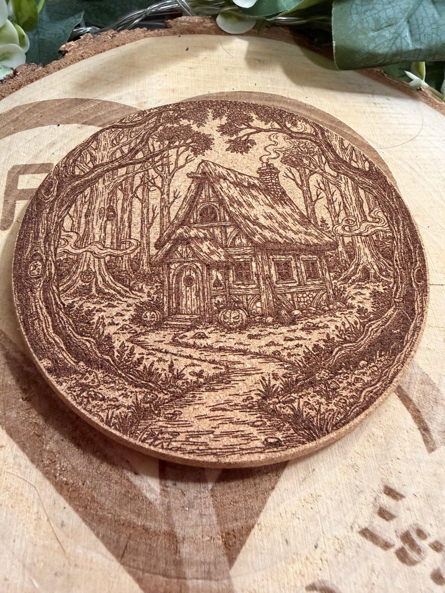 Spooky Cottage with Pumpkin Cork Coster