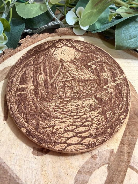 Spooky Cottage with Cat Cork Coaster