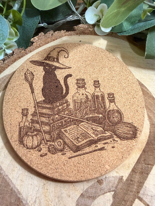 Witchy Cat Cork Coaster – Cottagecore Occult Cat Drink Mat & Mystical Home Décor