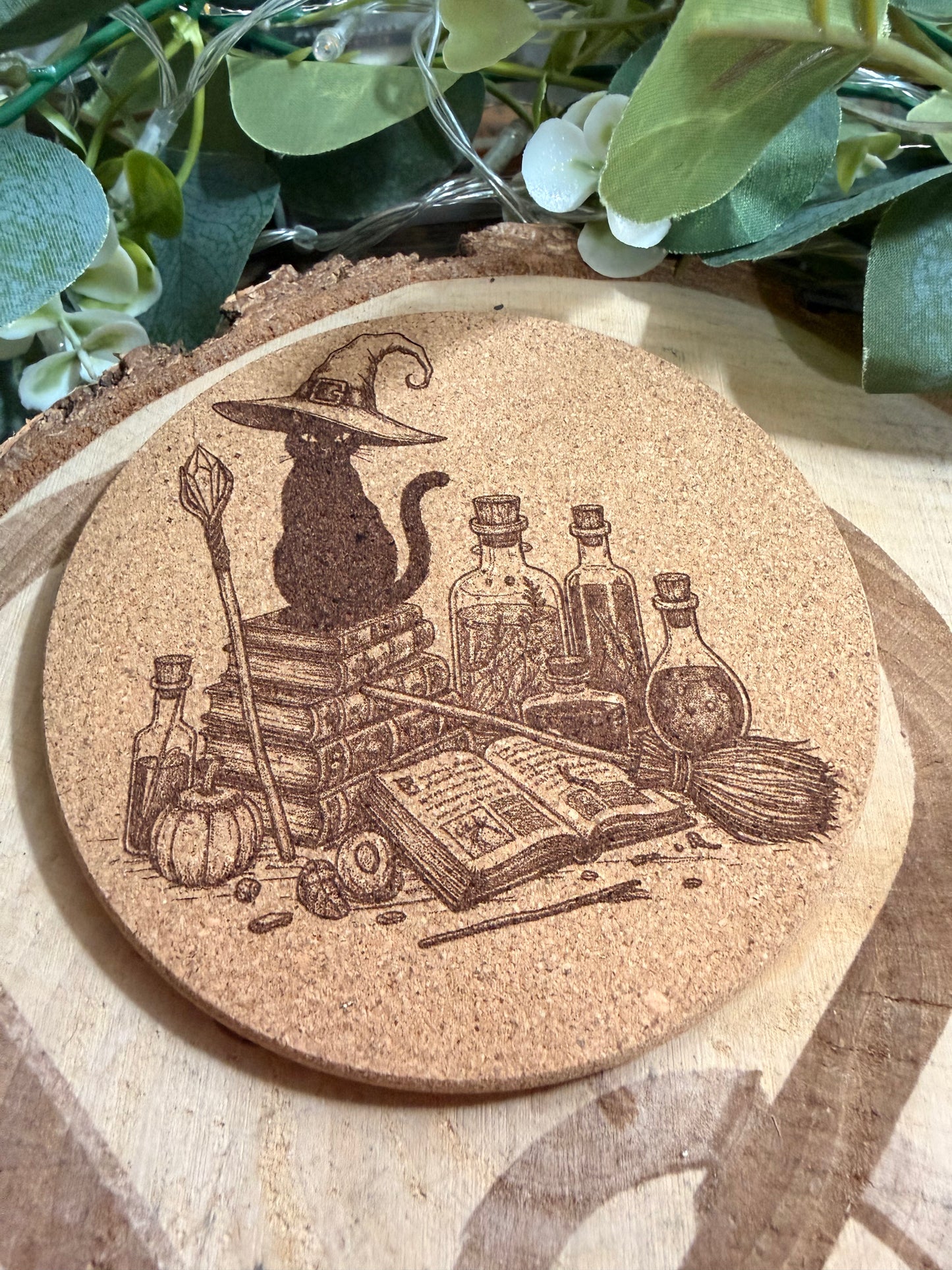 Witchy Cat Cork Coaster – Cottagecore Occult Cat Drink Mat & Mystical Home Décor