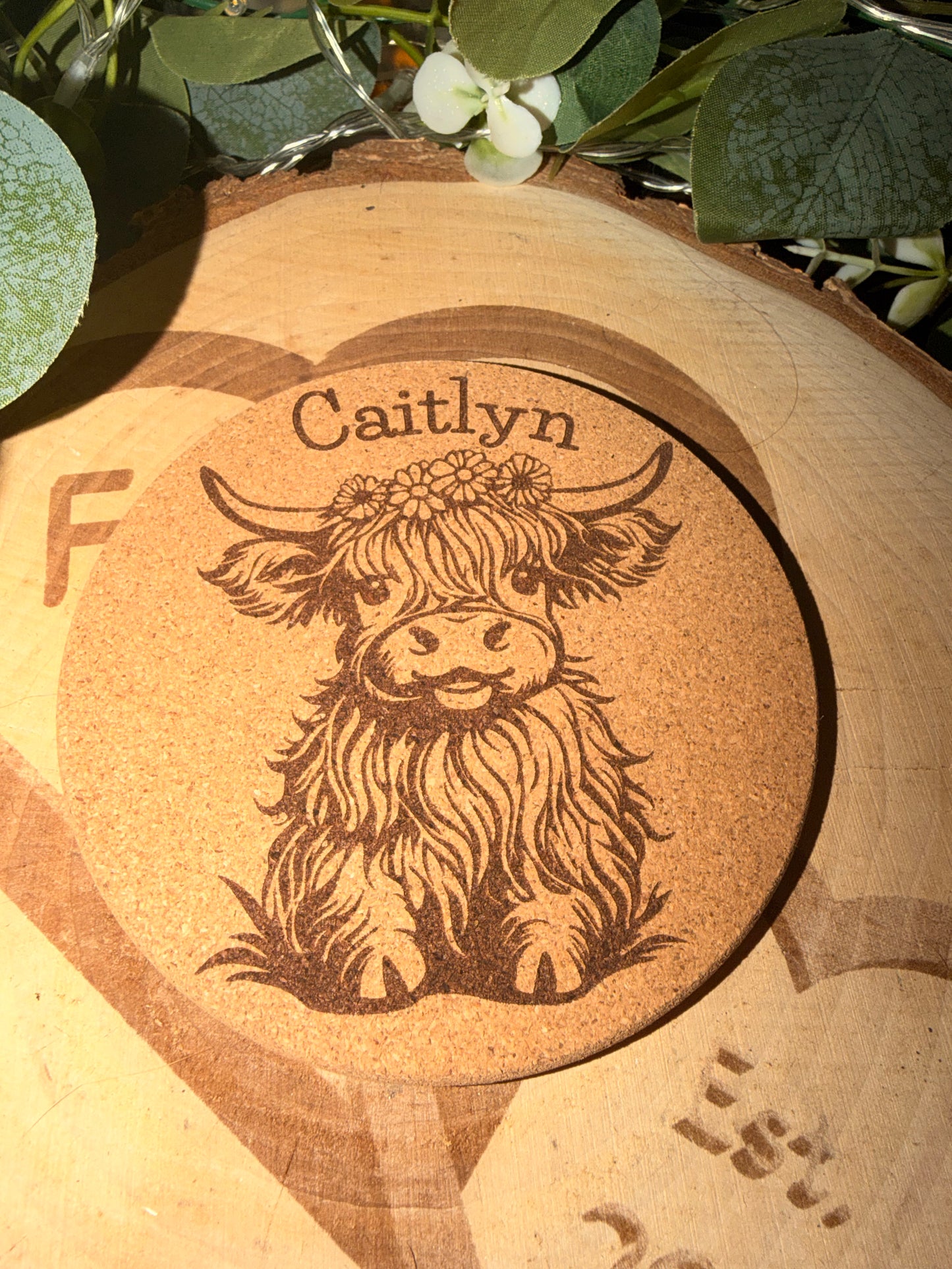 Highland Cow Personalised Cork Coaster – Laser Engraved Rustic Drink Coaster Gift