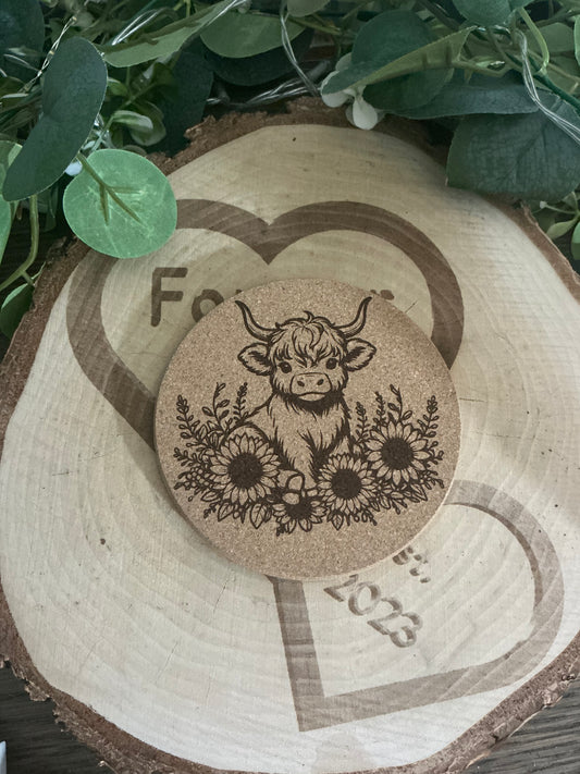 Cute Highland Cow with Flowers Cork Coaster – Rustic Farmhouse Drink Mat Gift
