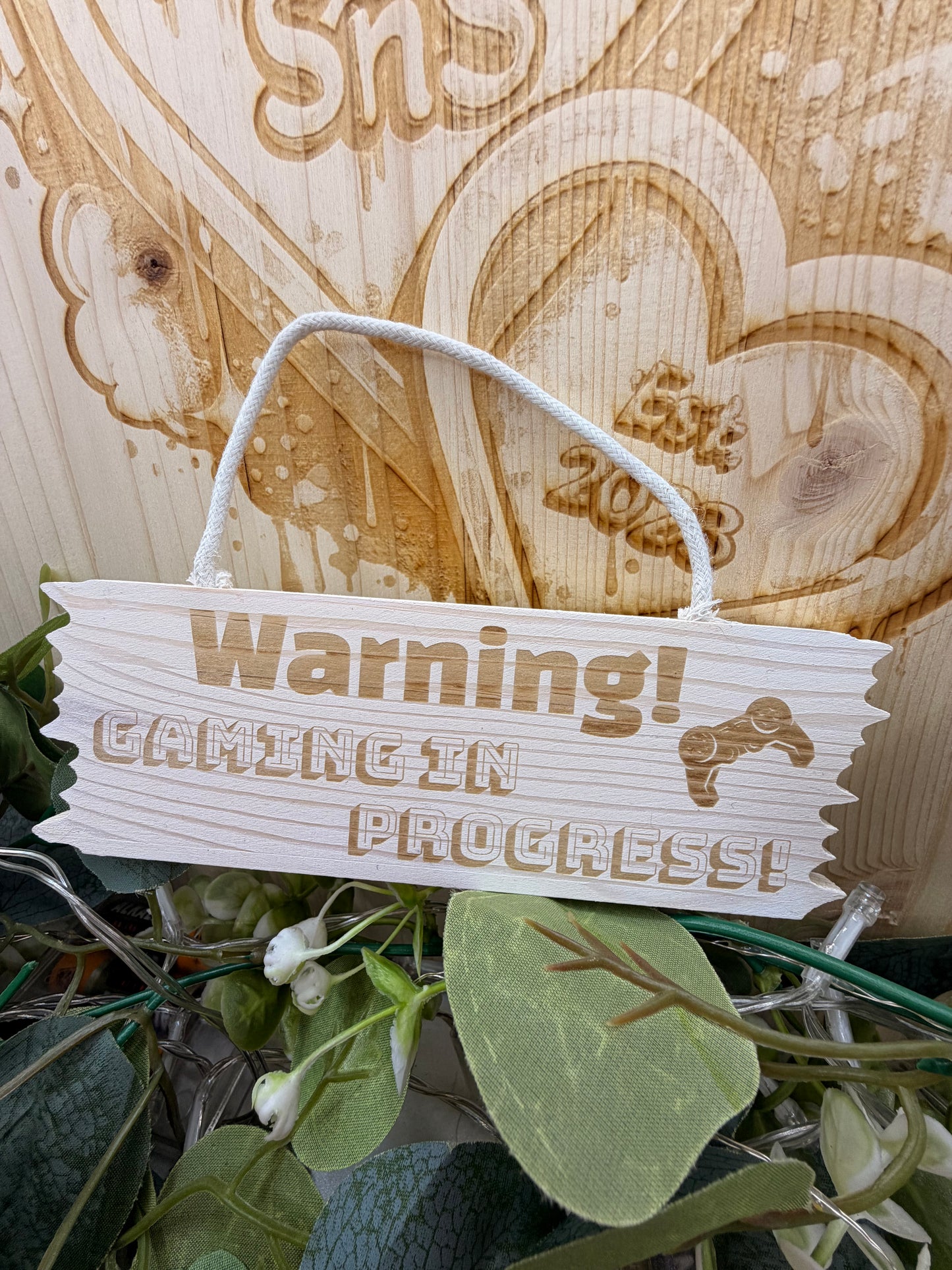 Warning Gaming In Progress Wooden Hanging Sign – Laser Engraved Gamer Room Décor