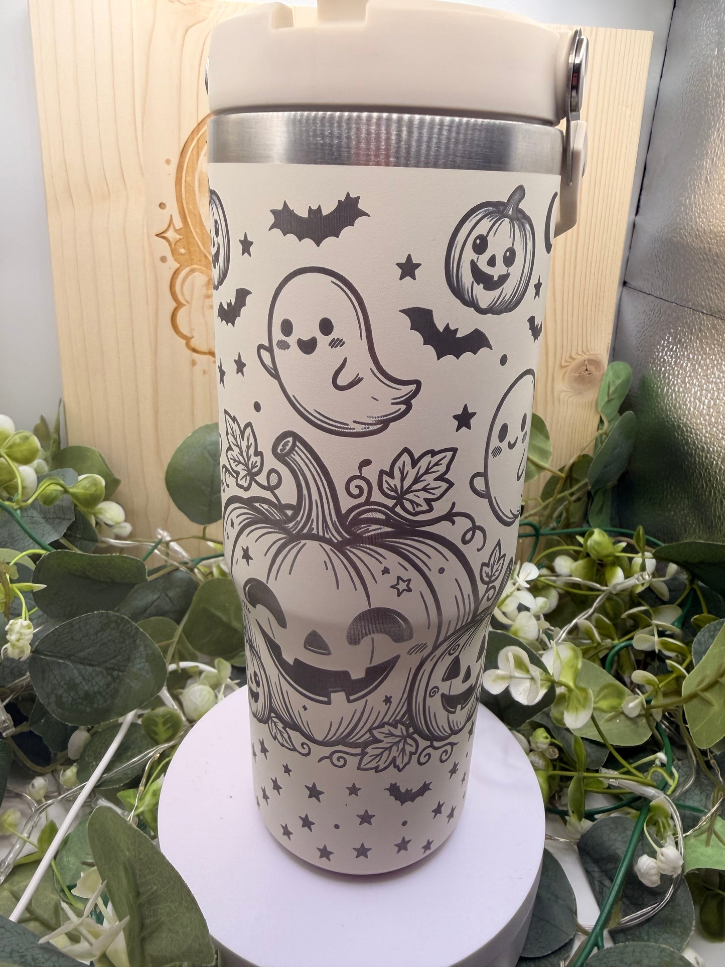 Cute Pumpkin & Ghost Laser Engraved Tumbler – Halloween Stainless Steel Travel Cup