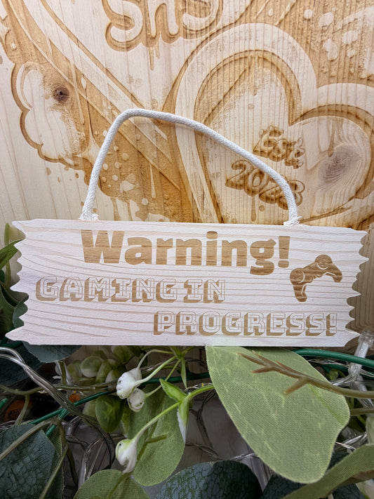Warning Gaming In Progress Wooden Hanging Sign – Laser Engraved Gamer Room Décor