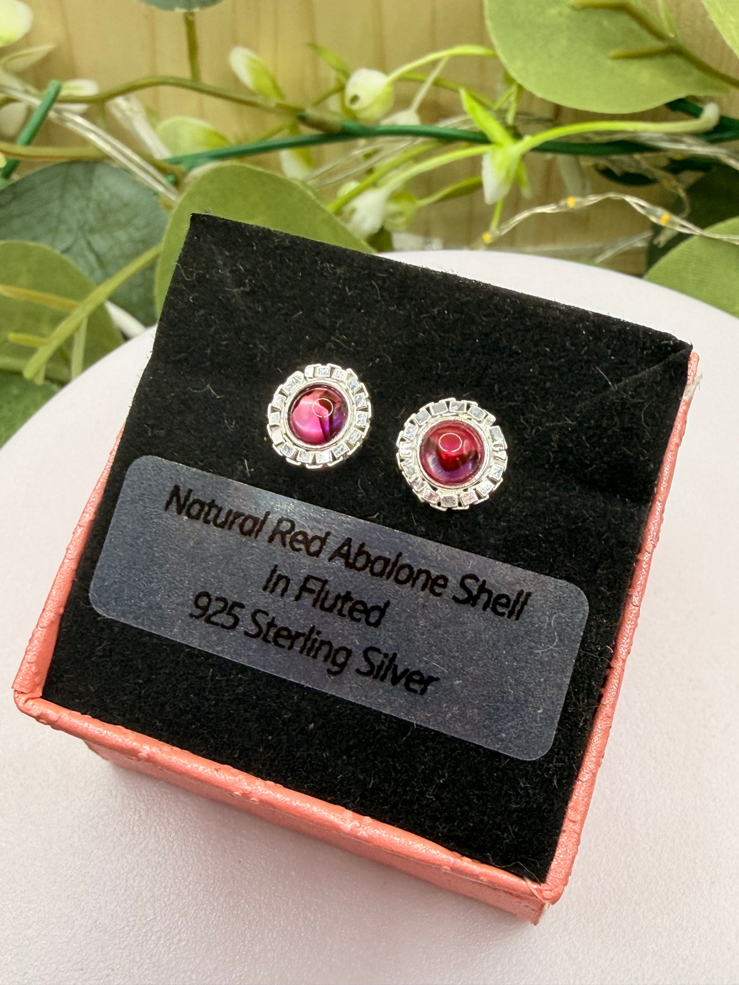 Natural Red Abalone Shell Stud Earrings | Fluted 925 Sterling Silver Earrings | Genuine Abalone Jewellery
