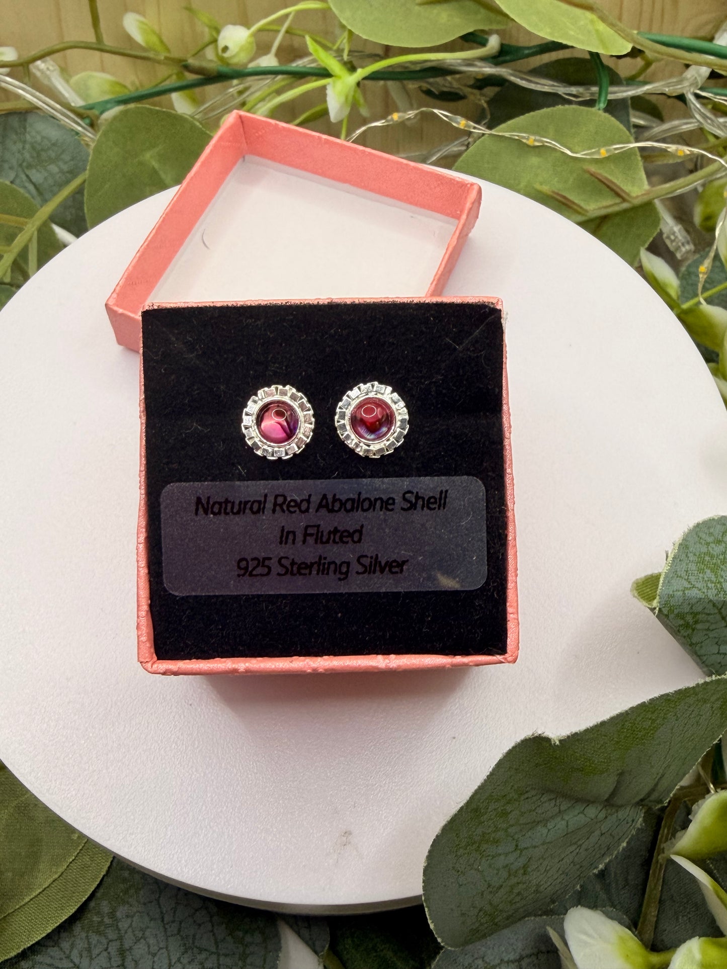 Natural Red Abalone Shell Stud Earrings | Fluted 925 Sterling Silver Earrings | Genuine Abalone Jewellery