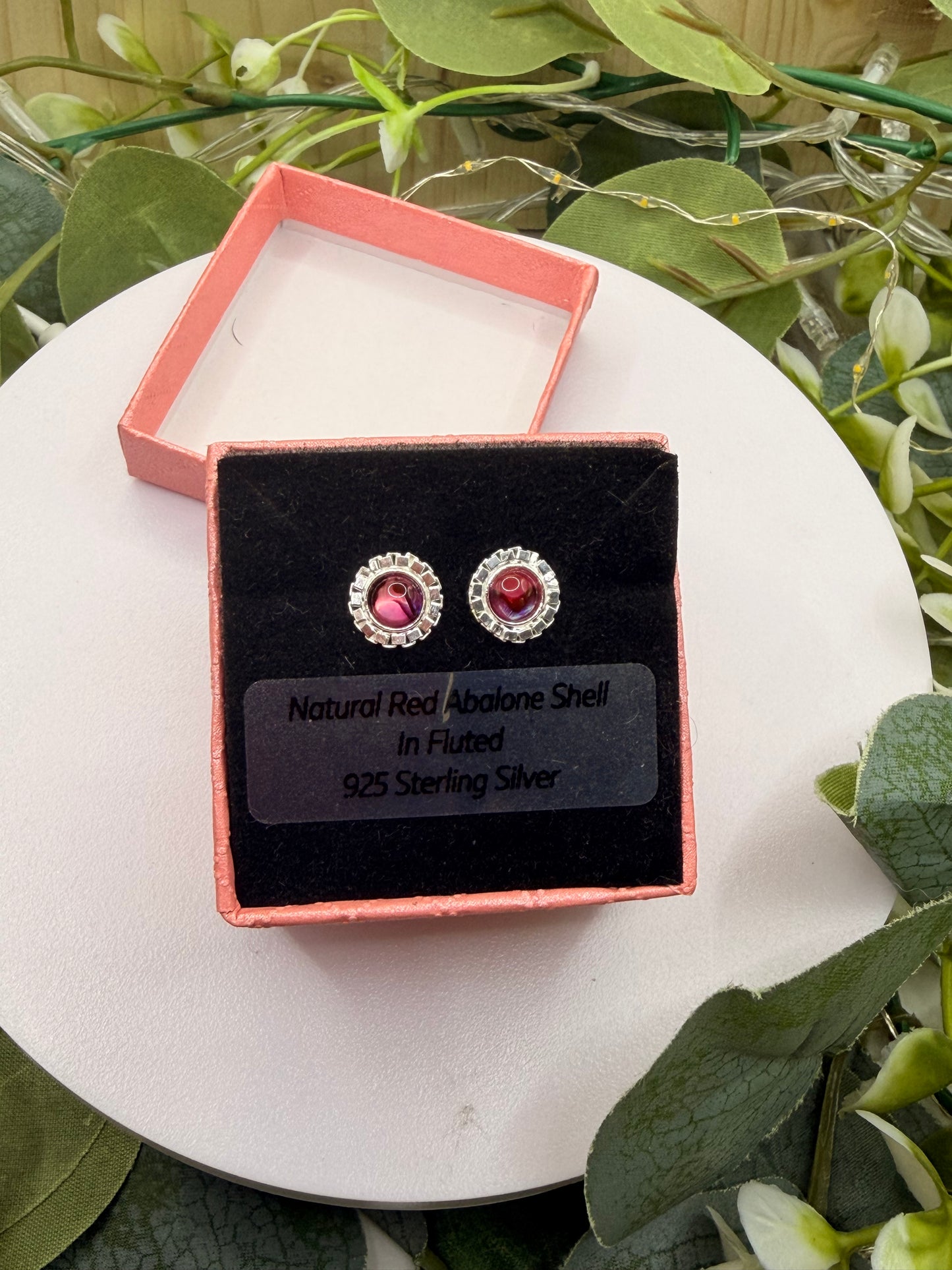 Natural Red Abalone Shell Stud Earrings | Fluted 925 Sterling Silver Earrings | Genuine Abalone Jewellery