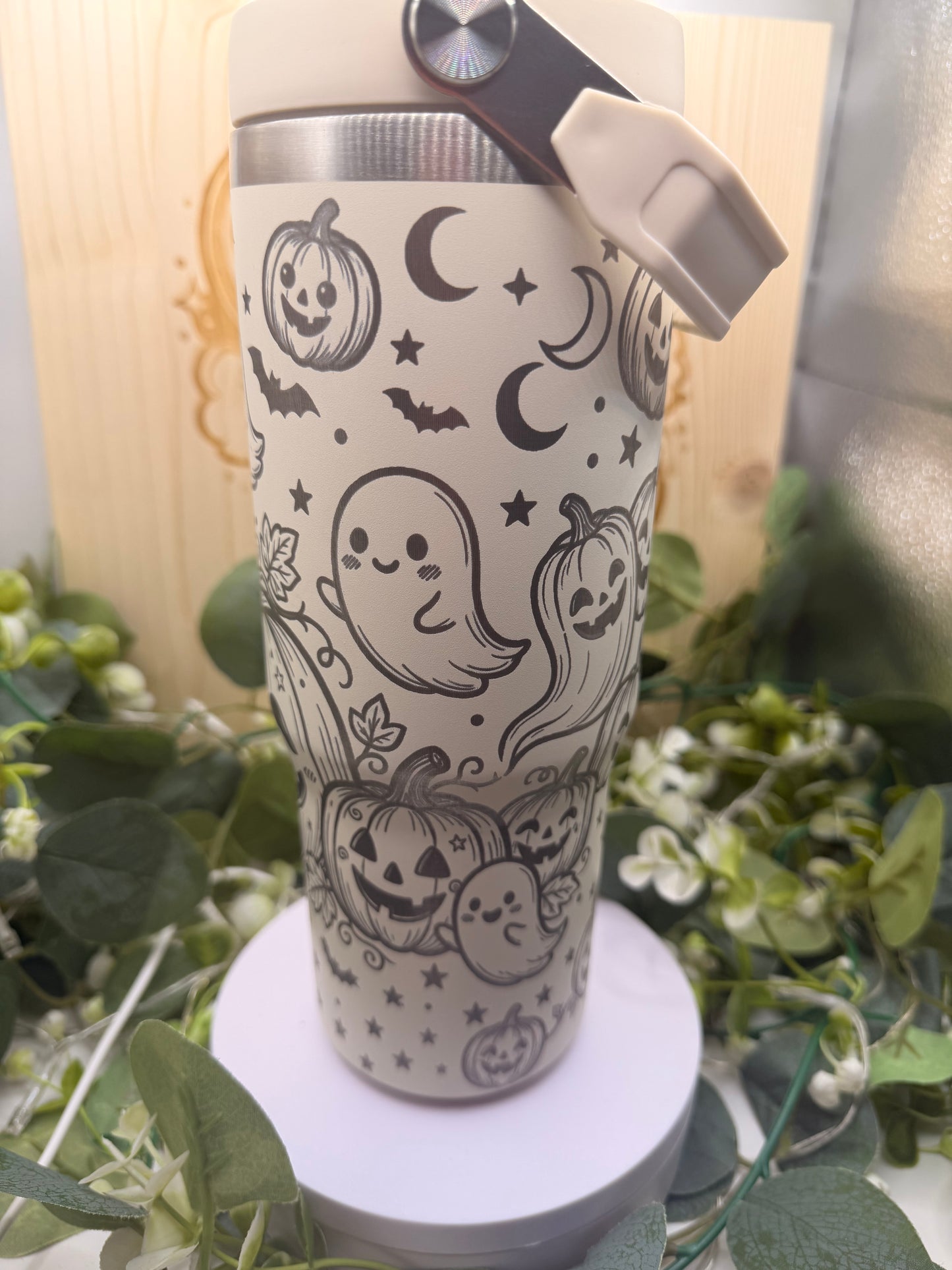 Cute Pumpkin & Ghost Laser Engraved Tumbler – Halloween Stainless Steel Travel Cup