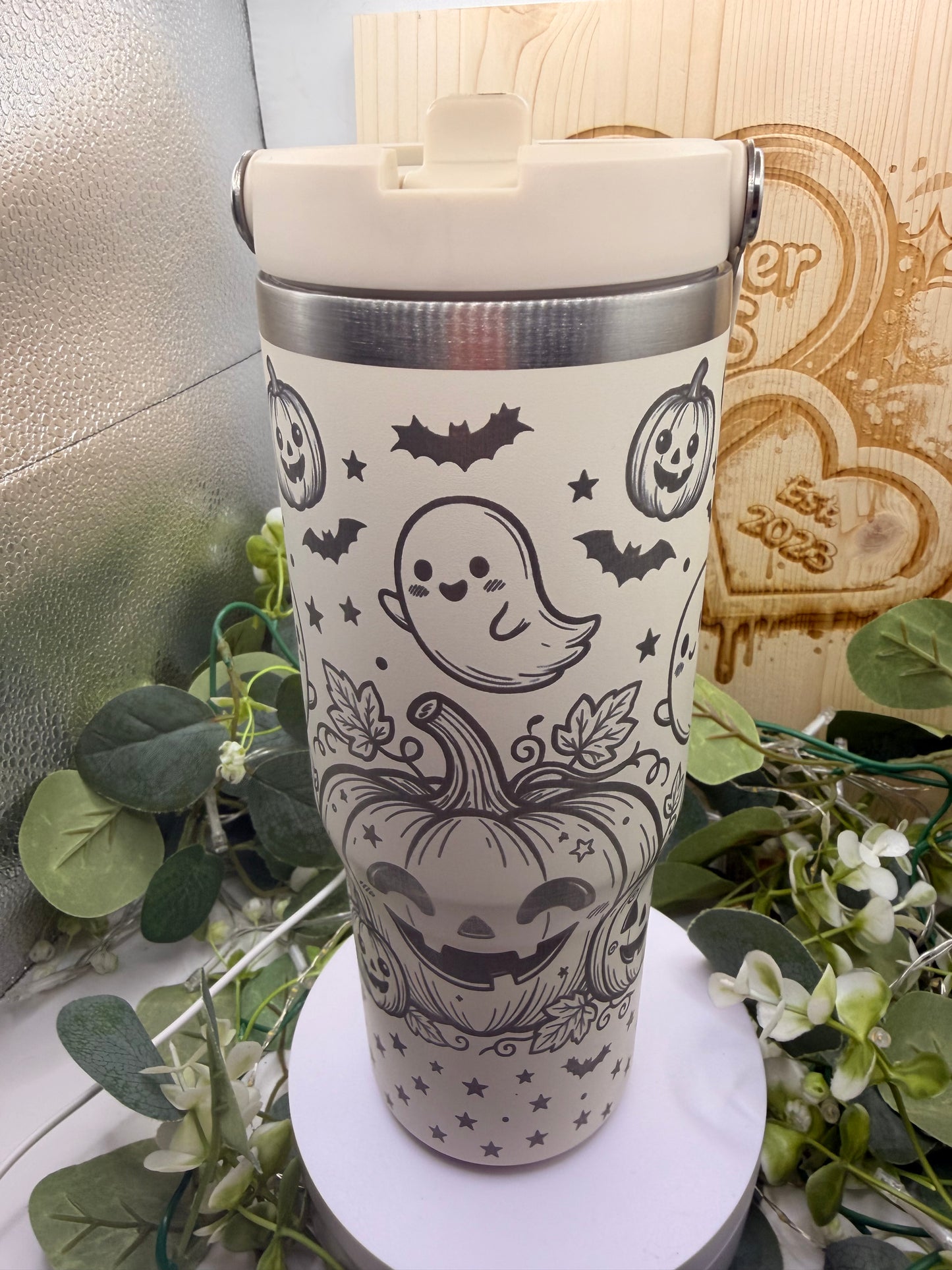 Cute Pumpkin & Ghost Laser Engraved Tumbler – Halloween Stainless Steel Travel Cup