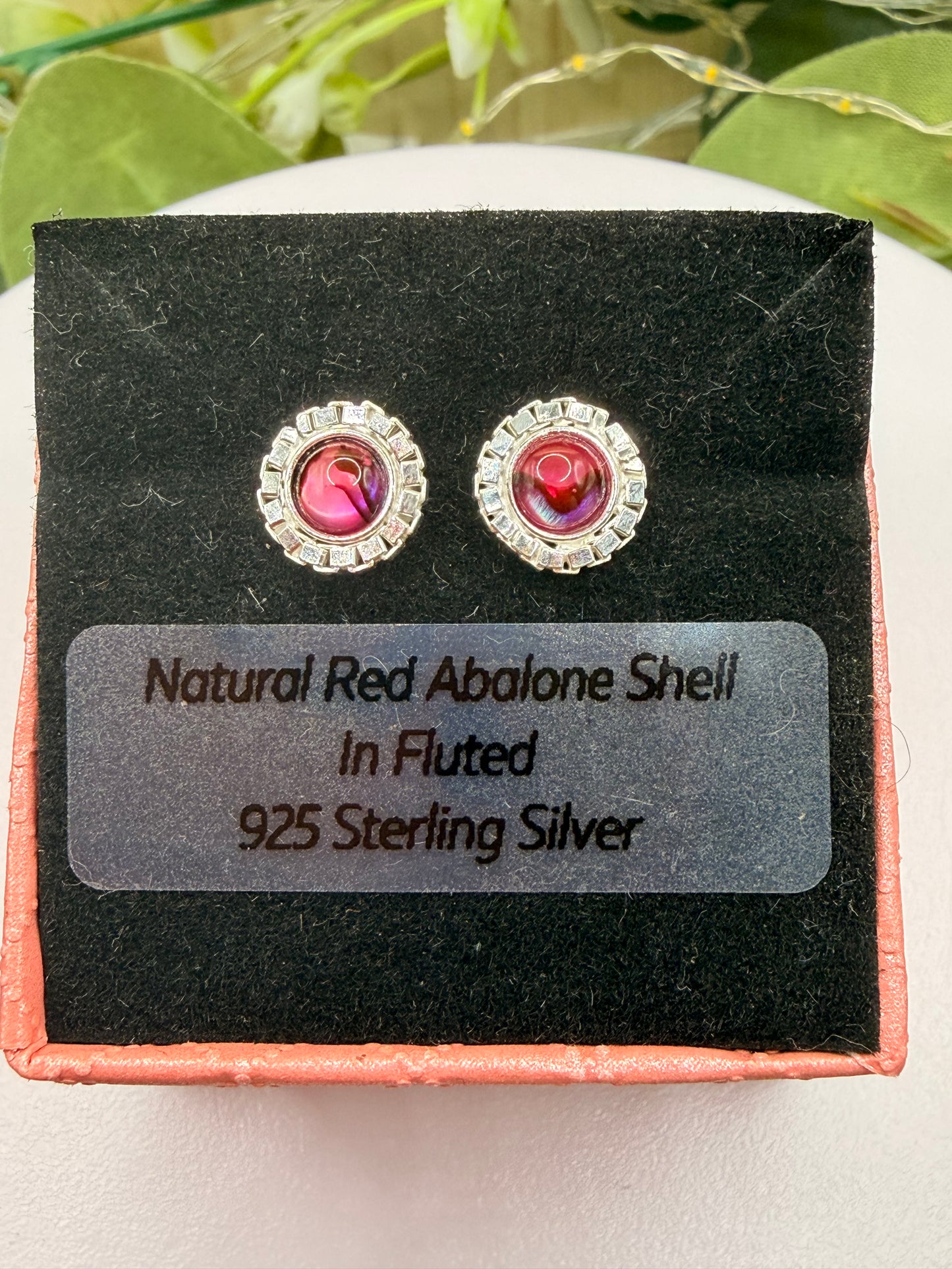 Natural Red Abalone Shell Stud Earrings | Fluted 925 Sterling Silver Earrings | Genuine Abalone Jewellery