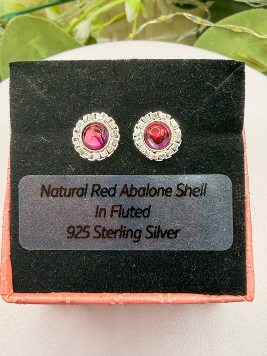 Natural Red Abalone Shell Stud Earrings | Fluted 925 Sterling Silver Earrings | Genuine Abalone Jewellery