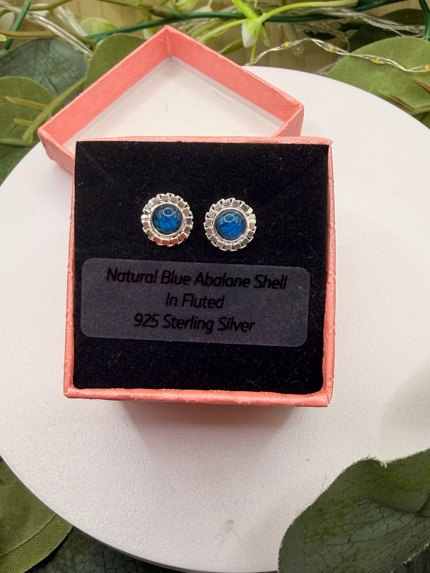 Natural Blue Abalone Shell Stud Earrings | Fluted 925 Sterling Silver Earrings | Genuine Abalone Jewellery