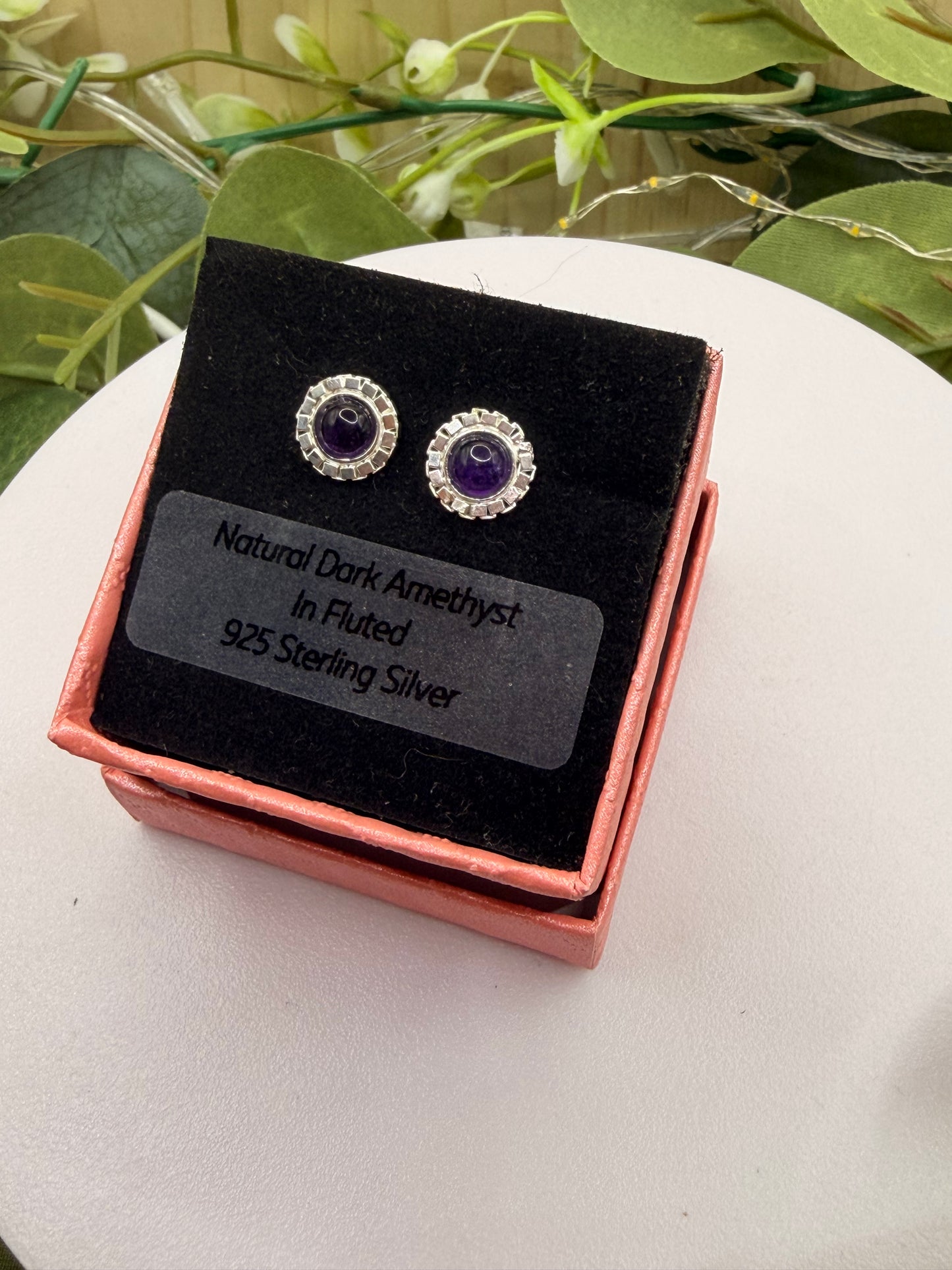 Natural Dark Amethyst Stud Earrings | Fluted 925 Sterling Silver Earrings | Genuine Amethyst Gemstone Jewellery