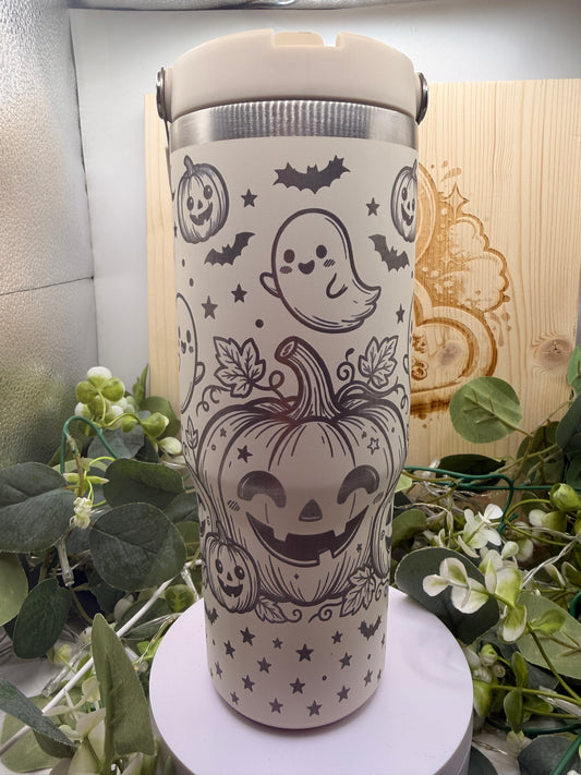 Cute Pumpkin & Ghost Laser Engraved Tumbler – Halloween Stainless Steel Travel Cup