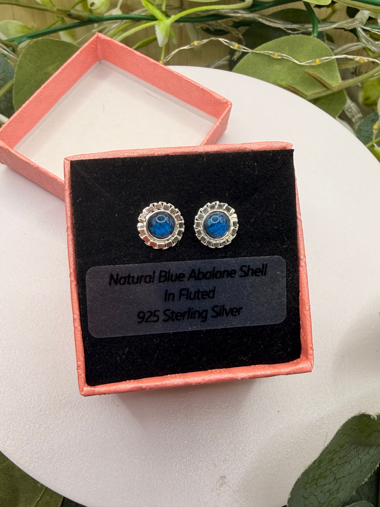 Natural Blue Abalone Shell Stud Earrings | Fluted 925 Sterling Silver Earrings | Genuine Abalone Jewellery