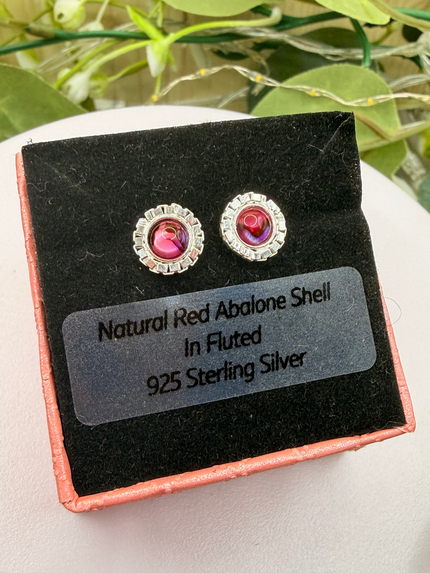 Natural Red Abalone Shell Stud Earrings | Fluted 925 Sterling Silver Earrings | Genuine Abalone Jewellery