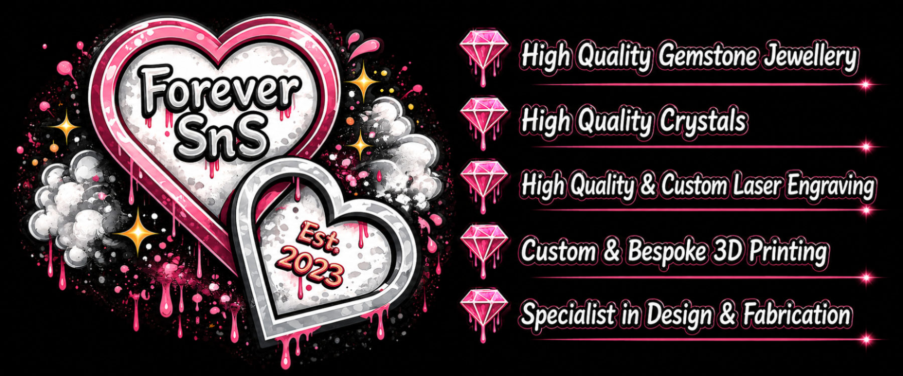 Promotional graphic for 'Forever SnS' jewelry store with heart designs and text about their services.