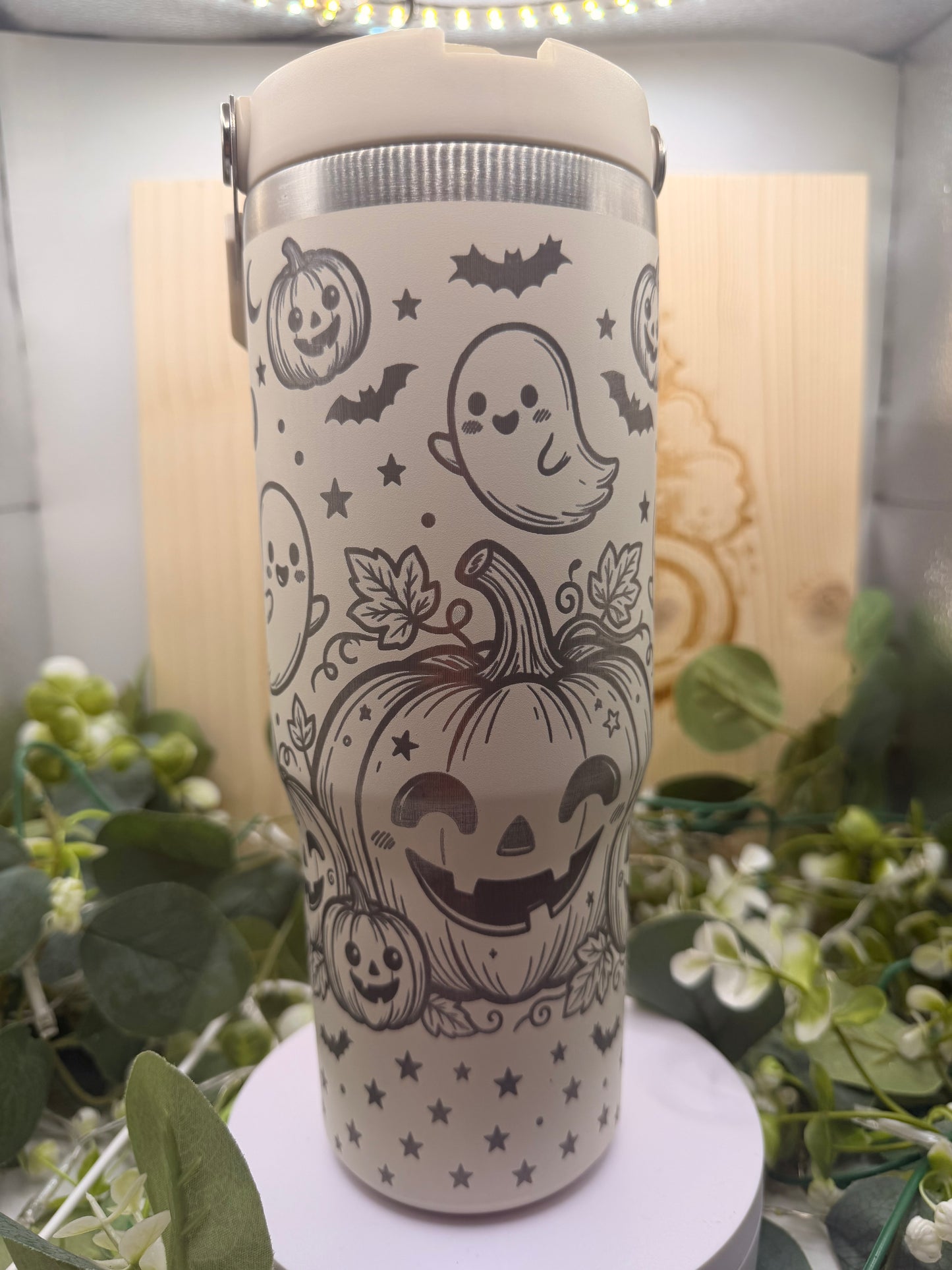 Cute Pumpkin & Ghost Laser Engraved Tumbler – Halloween Stainless Steel Travel Cup