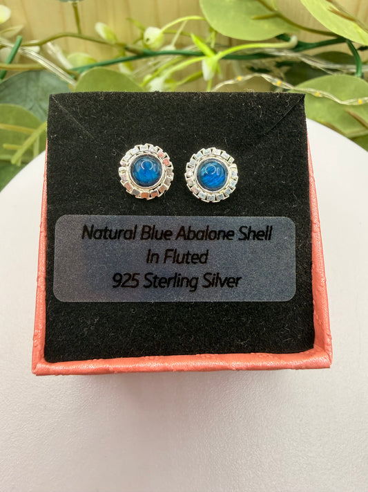 Natural Blue Abalone Shell Stud Earrings | Fluted 925 Sterling Silver Earrings | Genuine Abalone Jewellery