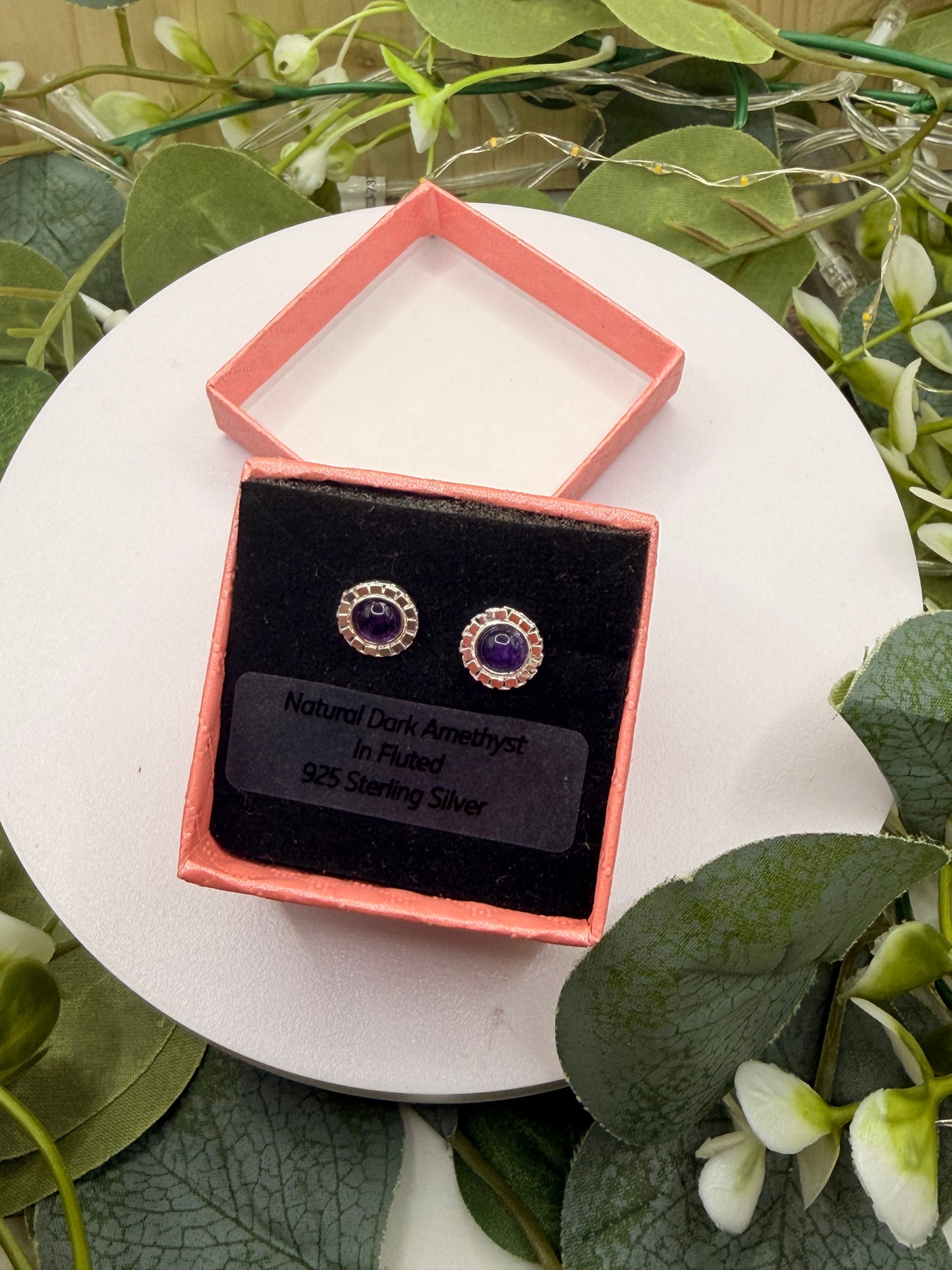 Natural Dark Amethyst Stud Earrings | Fluted 925 Sterling Silver Earrings | Genuine Amethyst Gemstone Jewellery