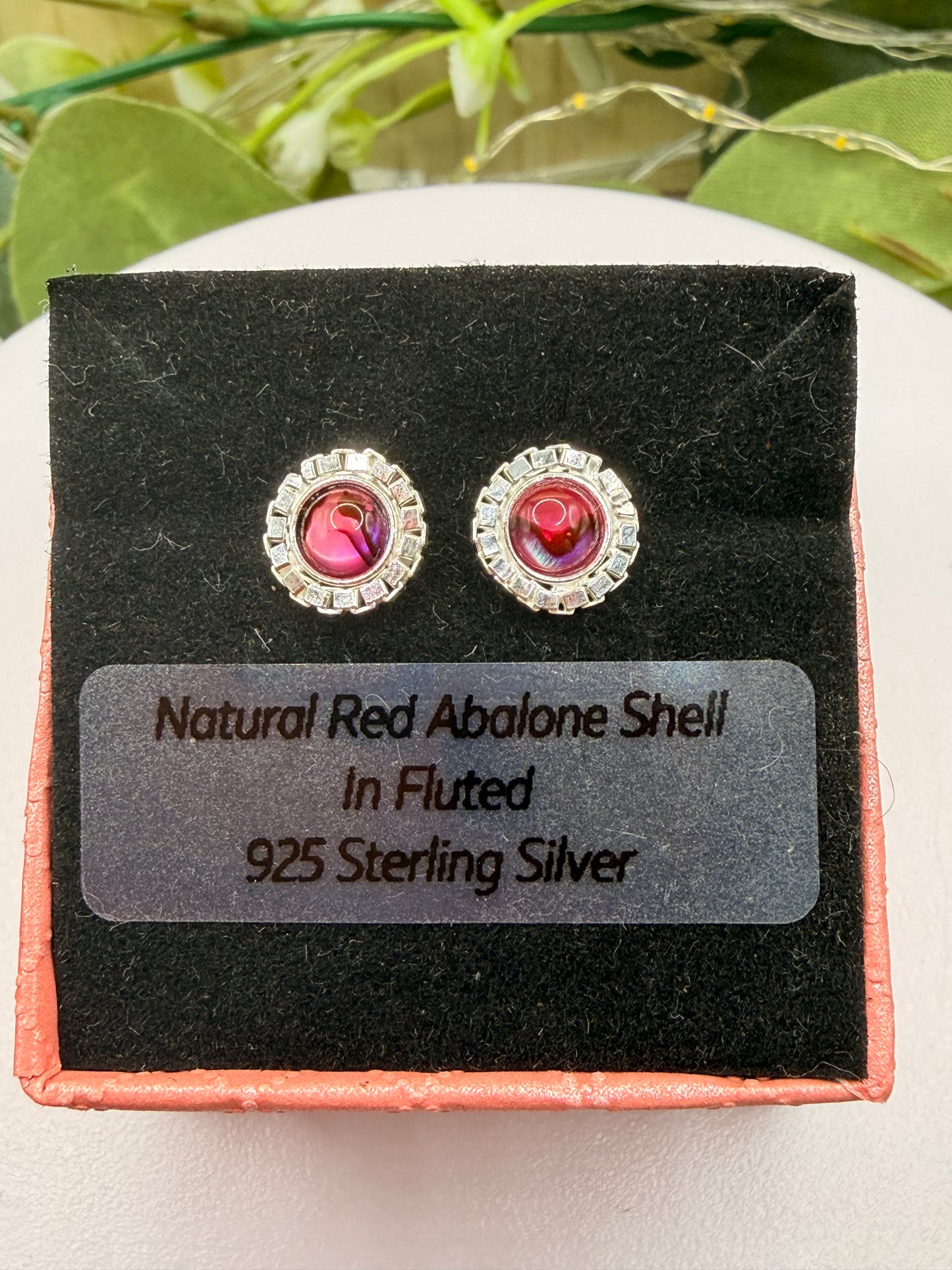 Natural Red Abalone Shell Stud Earrings | Fluted 925 Sterling Silver Earrings | Genuine Abalone Jewellery