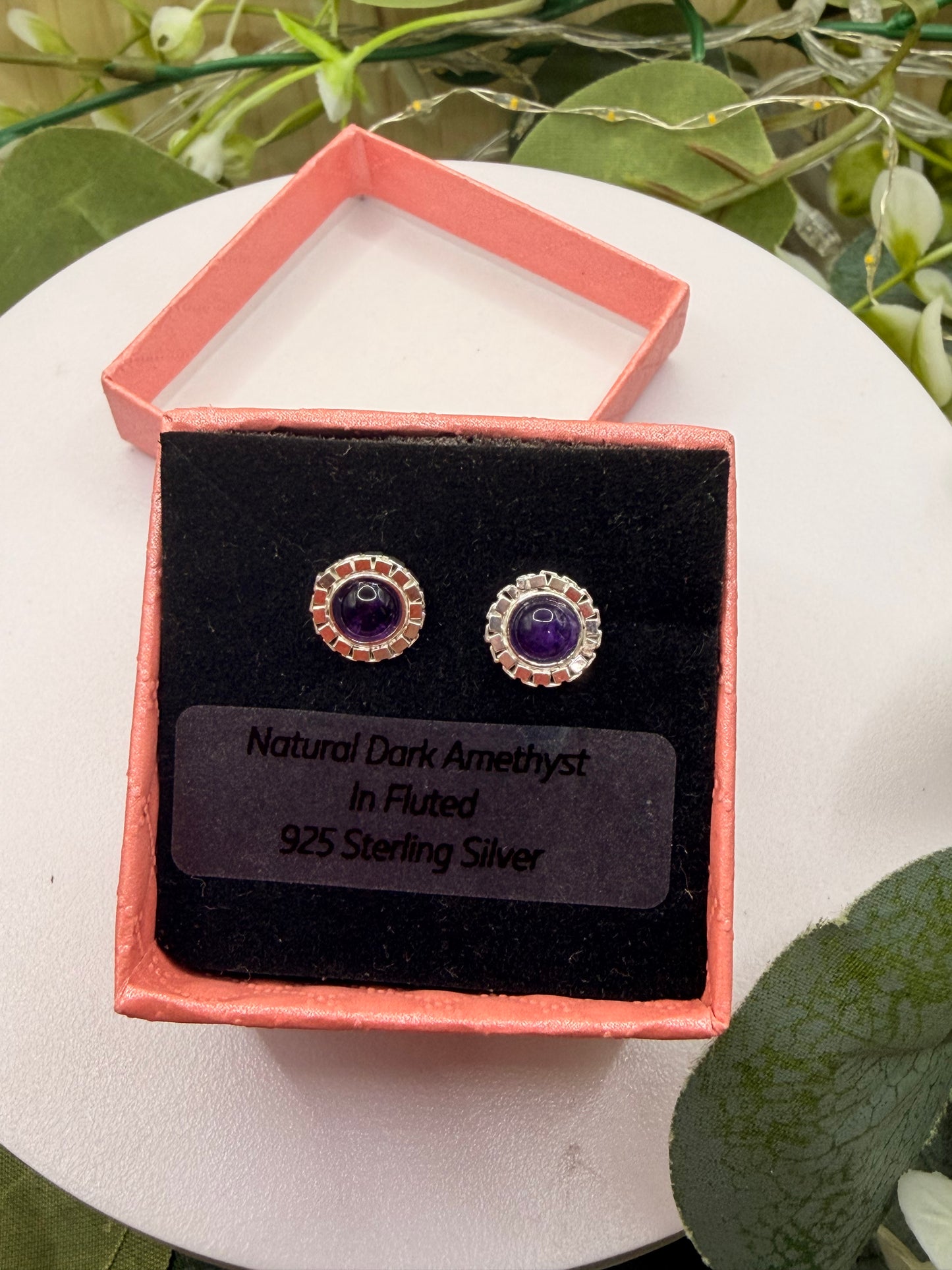 Natural Dark Amethyst Stud Earrings | Fluted 925 Sterling Silver Earrings | Genuine Amethyst Gemstone Jewellery