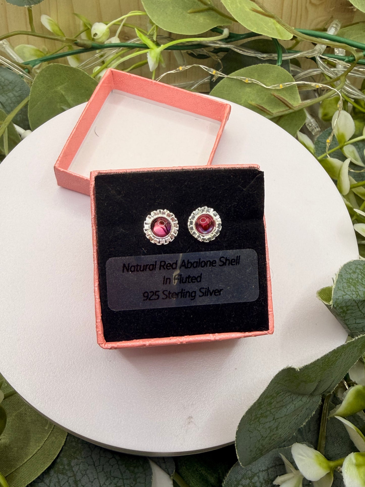 Natural Red Abalone Shell Stud Earrings | Fluted 925 Sterling Silver Earrings | Genuine Abalone Jewellery