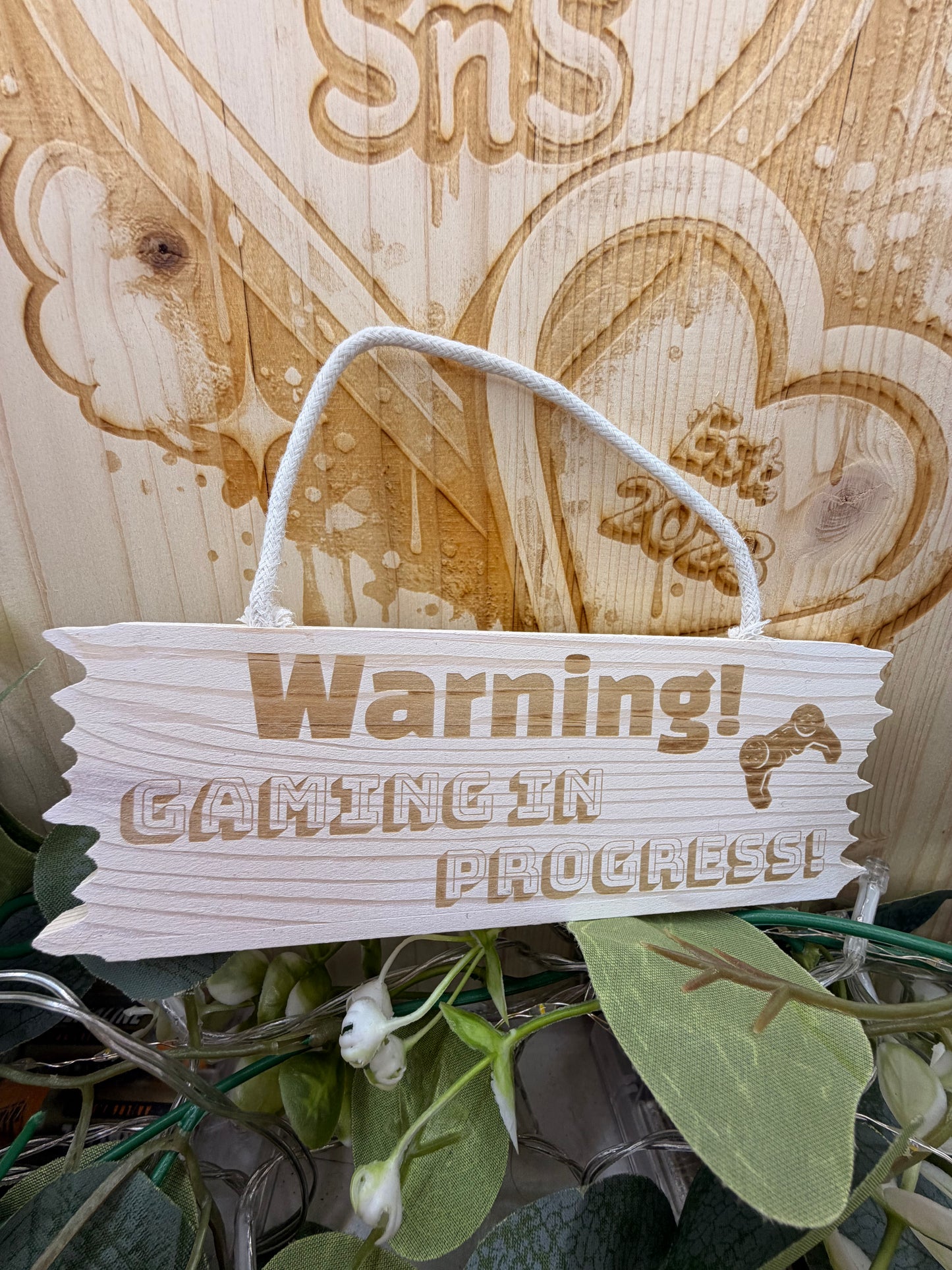 Warning Gaming In Progress Wooden Hanging Sign – Laser Engraved Gamer Room Décor