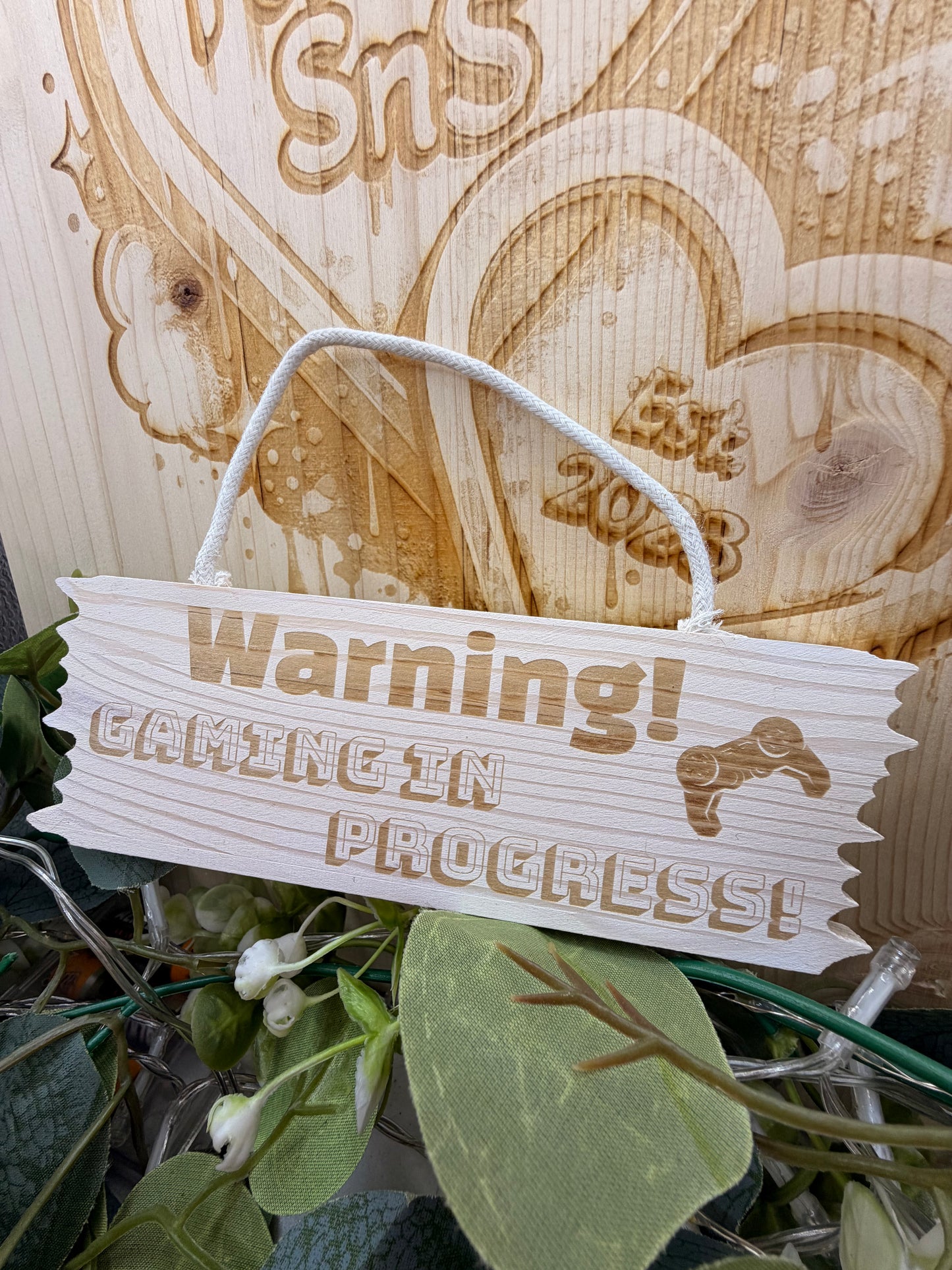 Warning Gaming In Progress Wooden Hanging Sign – Laser Engraved Gamer Room Décor