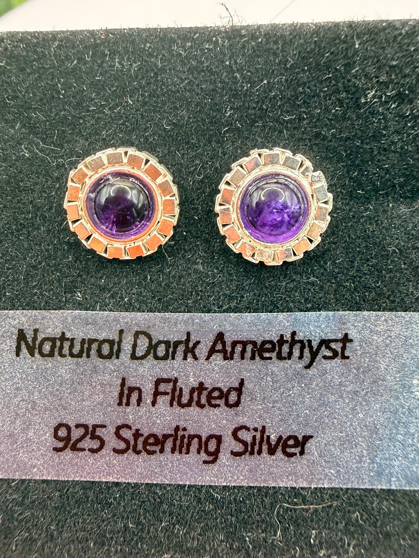 Natural Dark Amethyst Stud Earrings | Fluted 925 Sterling Silver Earrings | Genuine Amethyst Gemstone Jewellery