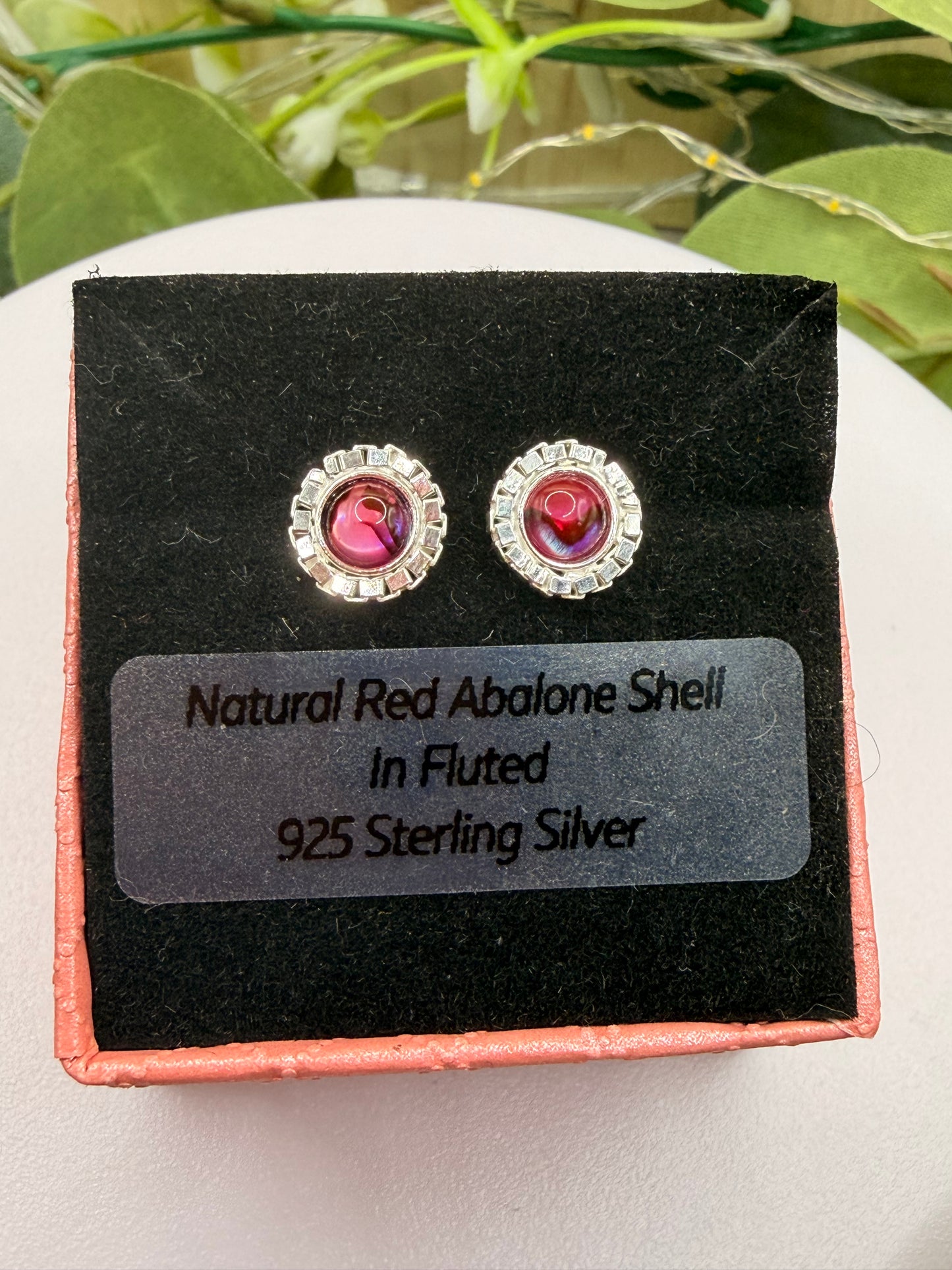 Natural Red Abalone Shell Stud Earrings | Fluted 925 Sterling Silver Earrings | Genuine Abalone Jewellery