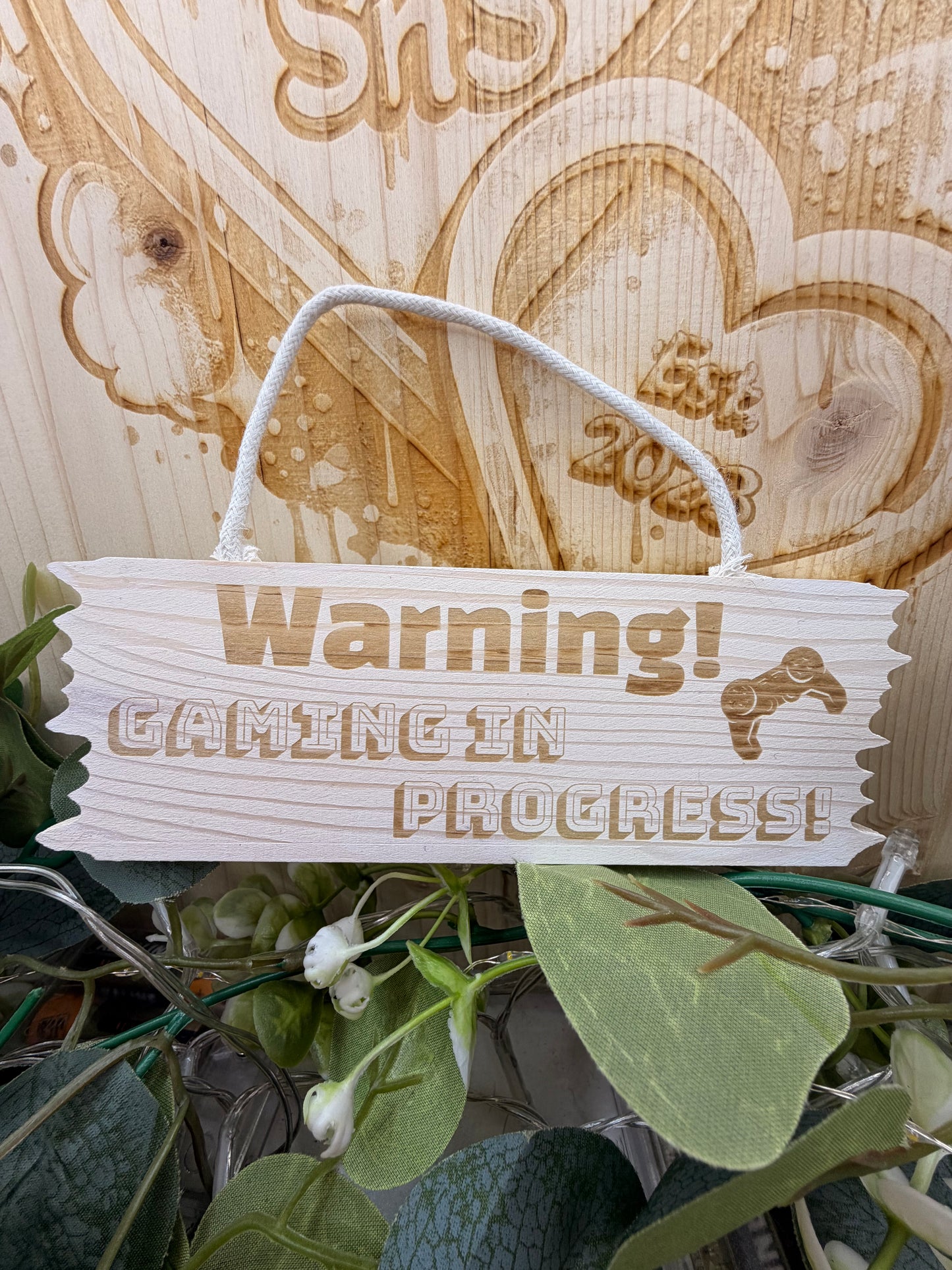 Warning Gaming In Progress Wooden Hanging Sign – Laser Engraved Gamer Room Décor