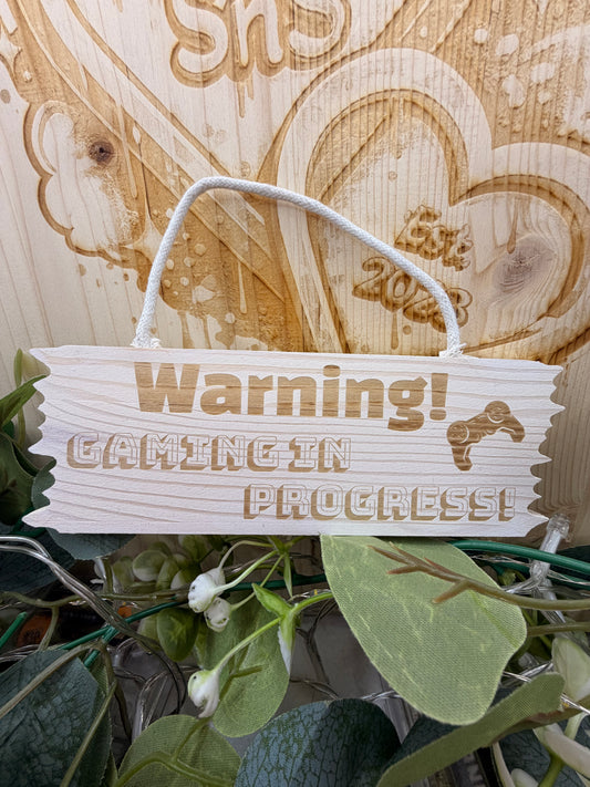 Warning Gaming In Progress Wooden Hanging Sign – Laser Engraved Gamer Room Décor