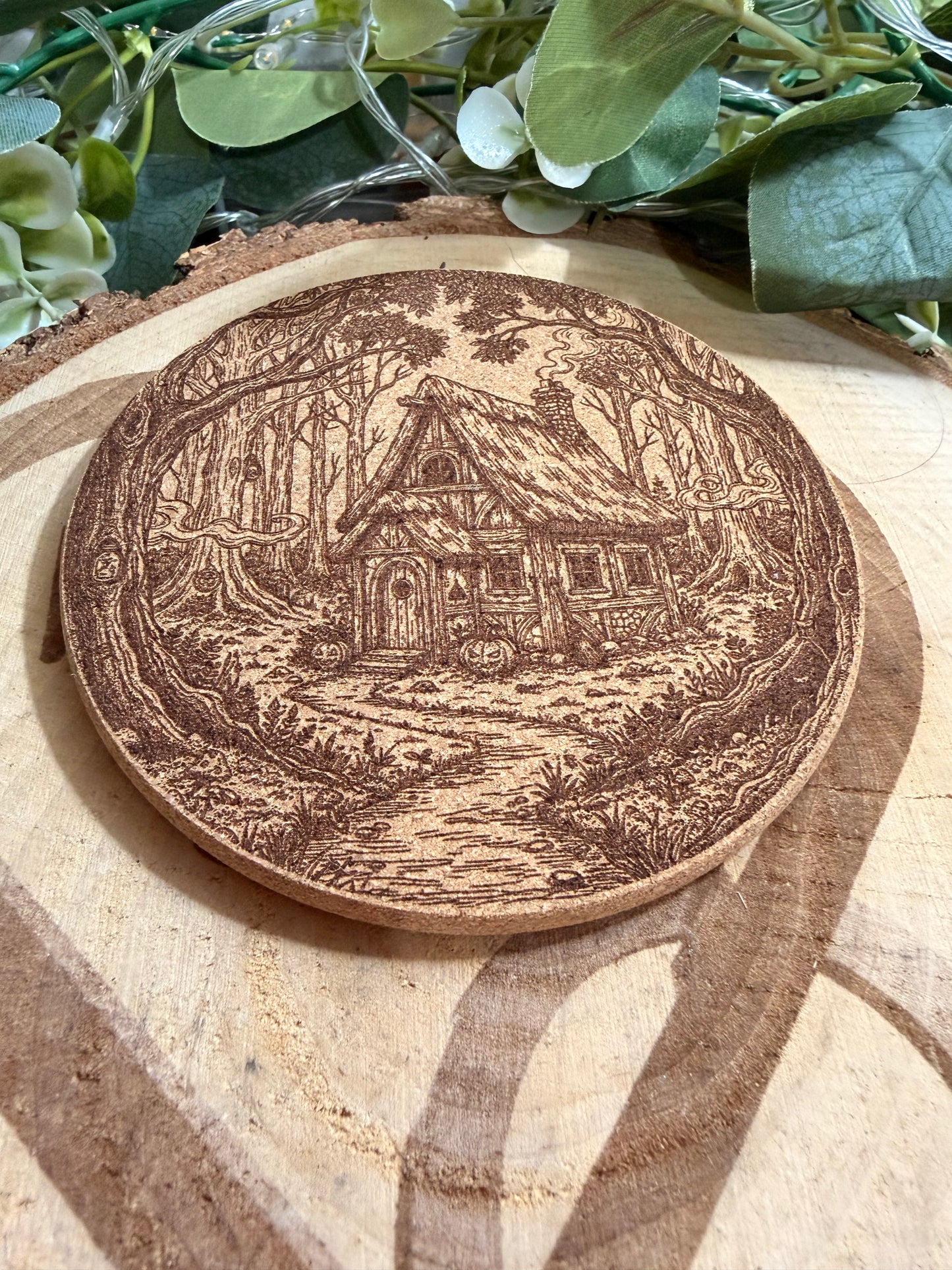 Spooky Cottage with Pumpkin Cork Coster