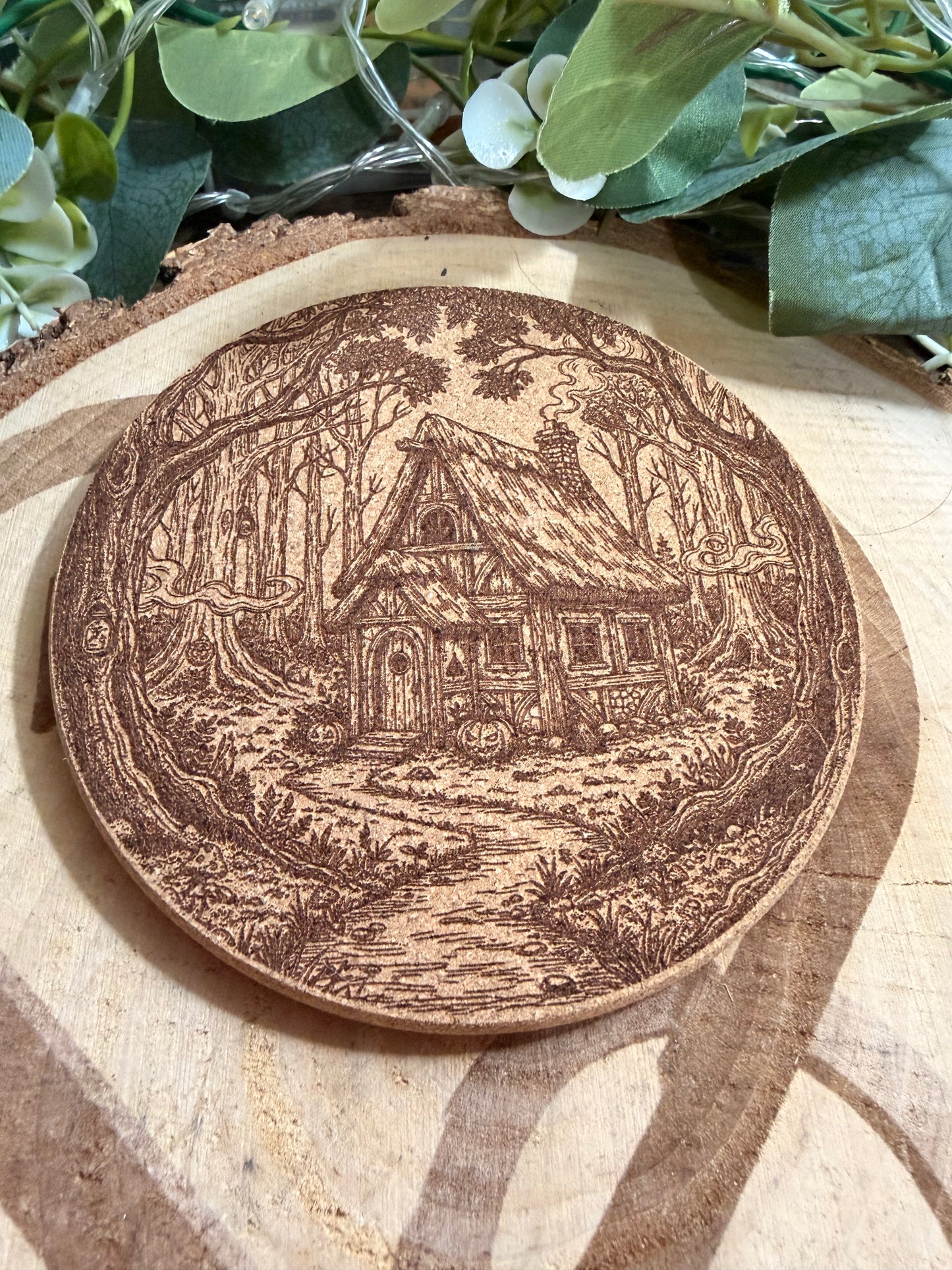 Spooky Cottage with Pumpkin Cork Coster