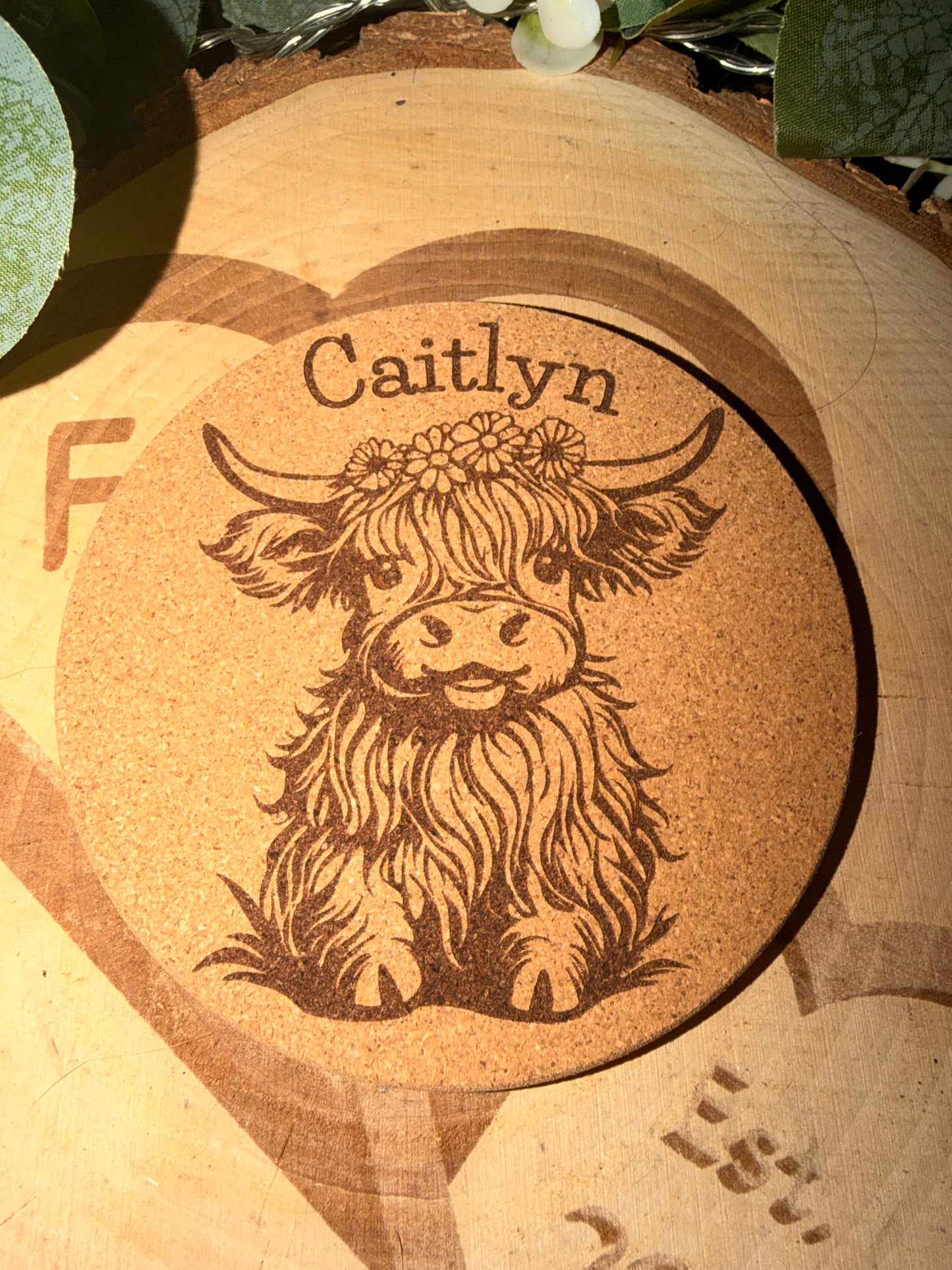 Highland Cow Personalised Cork Coaster – Laser Engraved Rustic Drink Coaster Gift