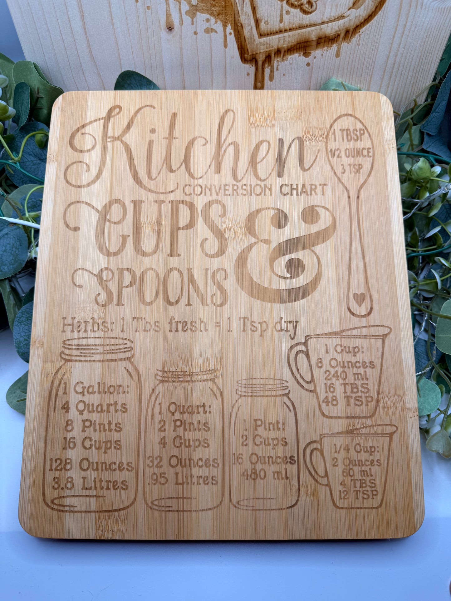 Kitchen Conversion Chart Bamboo Chopping Board | Laser Engraved Wooden Chopping Board | Cooking Measurement Guide Gift