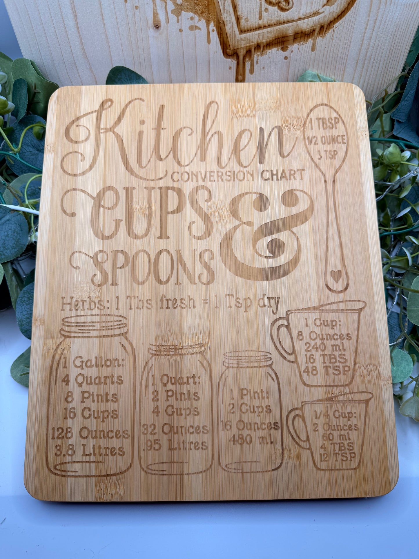 Kitchen Conversion Chart Bamboo Chopping Board | Laser Engraved Wooden Chopping Board | Cooking Measurement Guide Gift