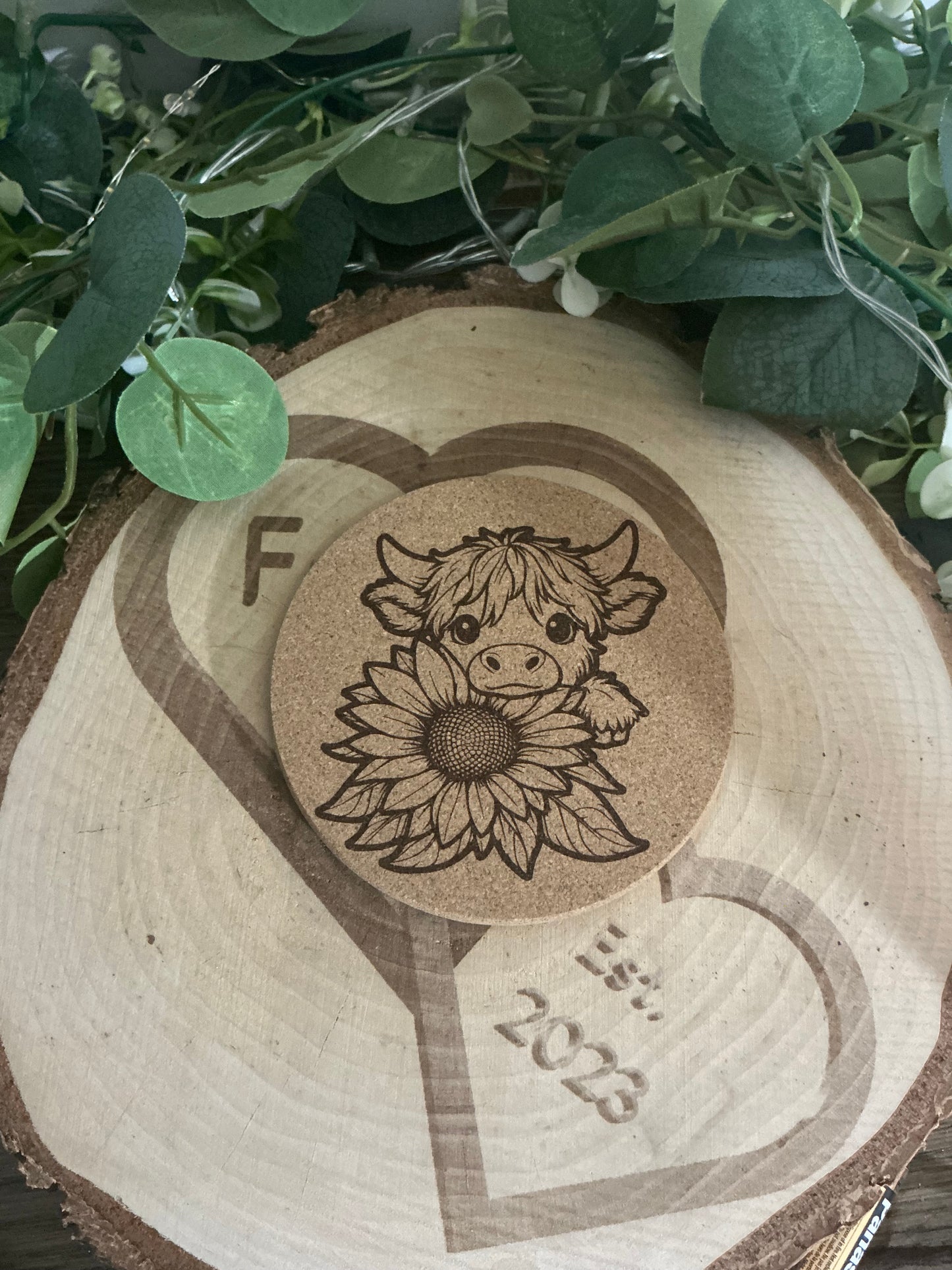 Highland Cow Sunflower Cork Coaster – Cute Floral Animal Drink Coaster Gift