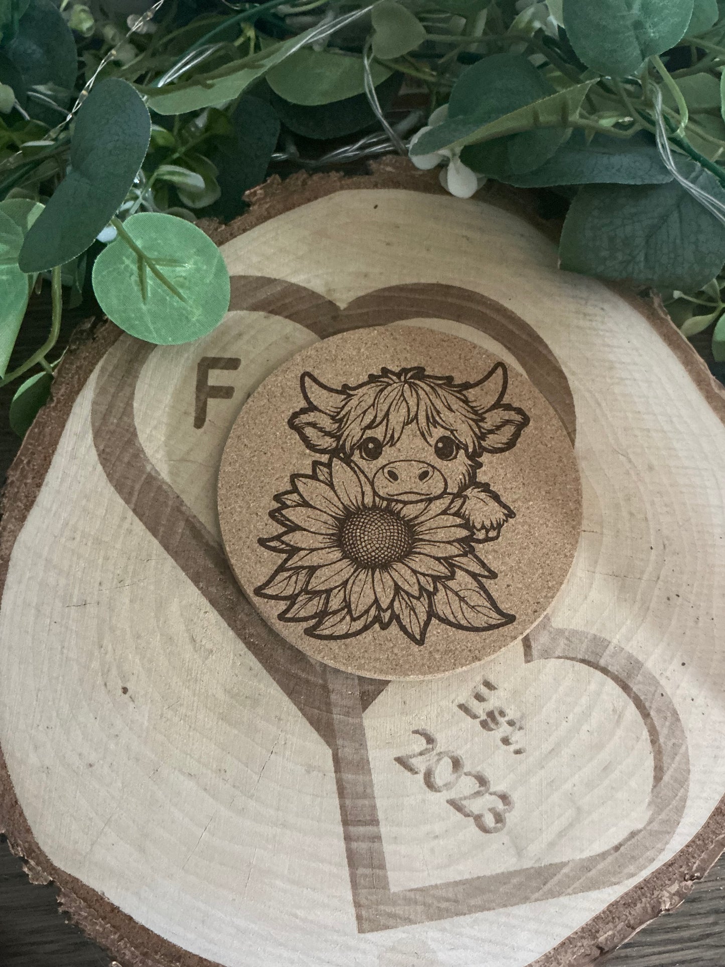 Highland Cow Sunflower Cork Coaster – Cute Floral Animal Drink Coaster Gift