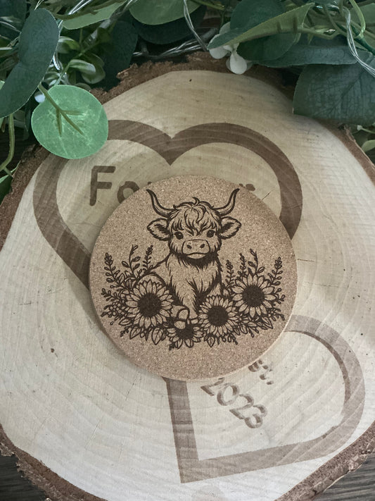 Cute Highland Cow with Flowers Cork Coaster – Rustic Farmhouse Drink Mat Gift