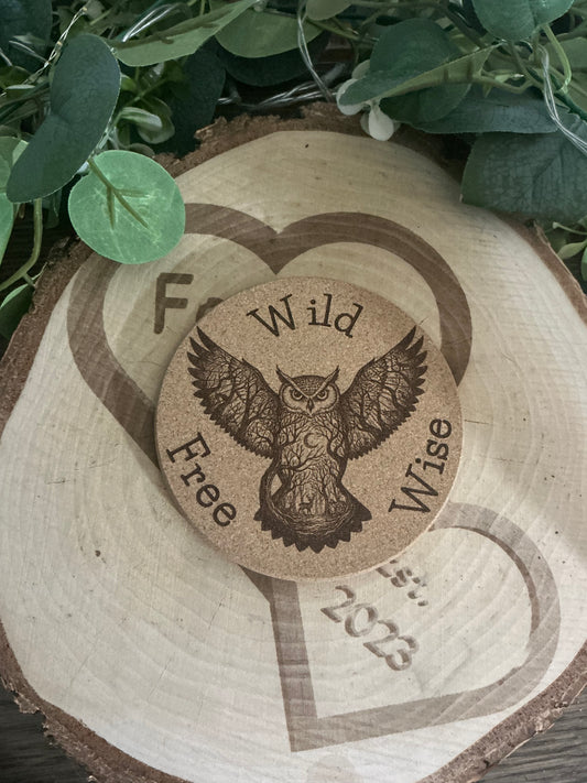 “Wild Wise Free” Cork Coaster – Laser Engraved Inspirational Quote Drink Coaster Gift