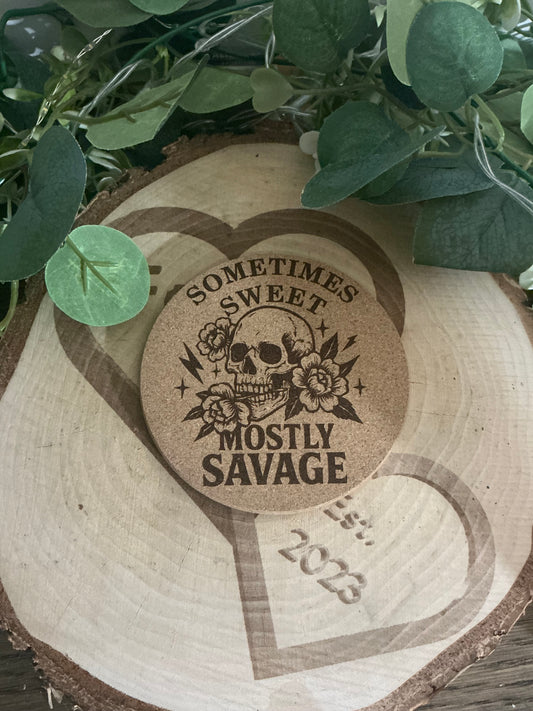 “Mostly Savage” Cork Coaster – Funny Sassy Quote Drink Mat & Humorous Gift