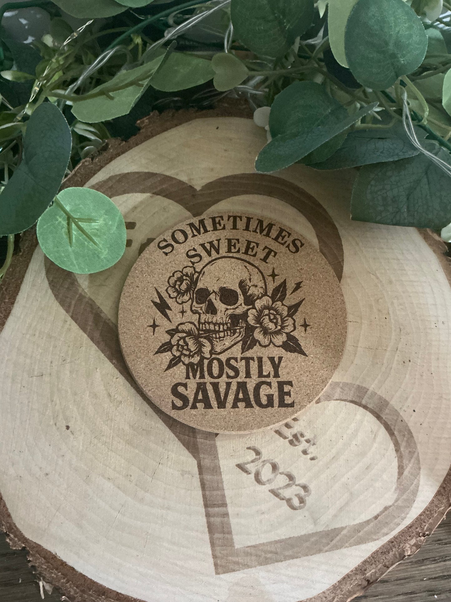 “Mostly Savage” Cork Coaster – Funny Sassy Quote Drink Mat & Humorous Gift