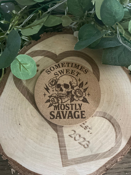 “Mostly Savage” Cork Coaster – Funny Sassy Quote Drink Mat & Humorous Gift